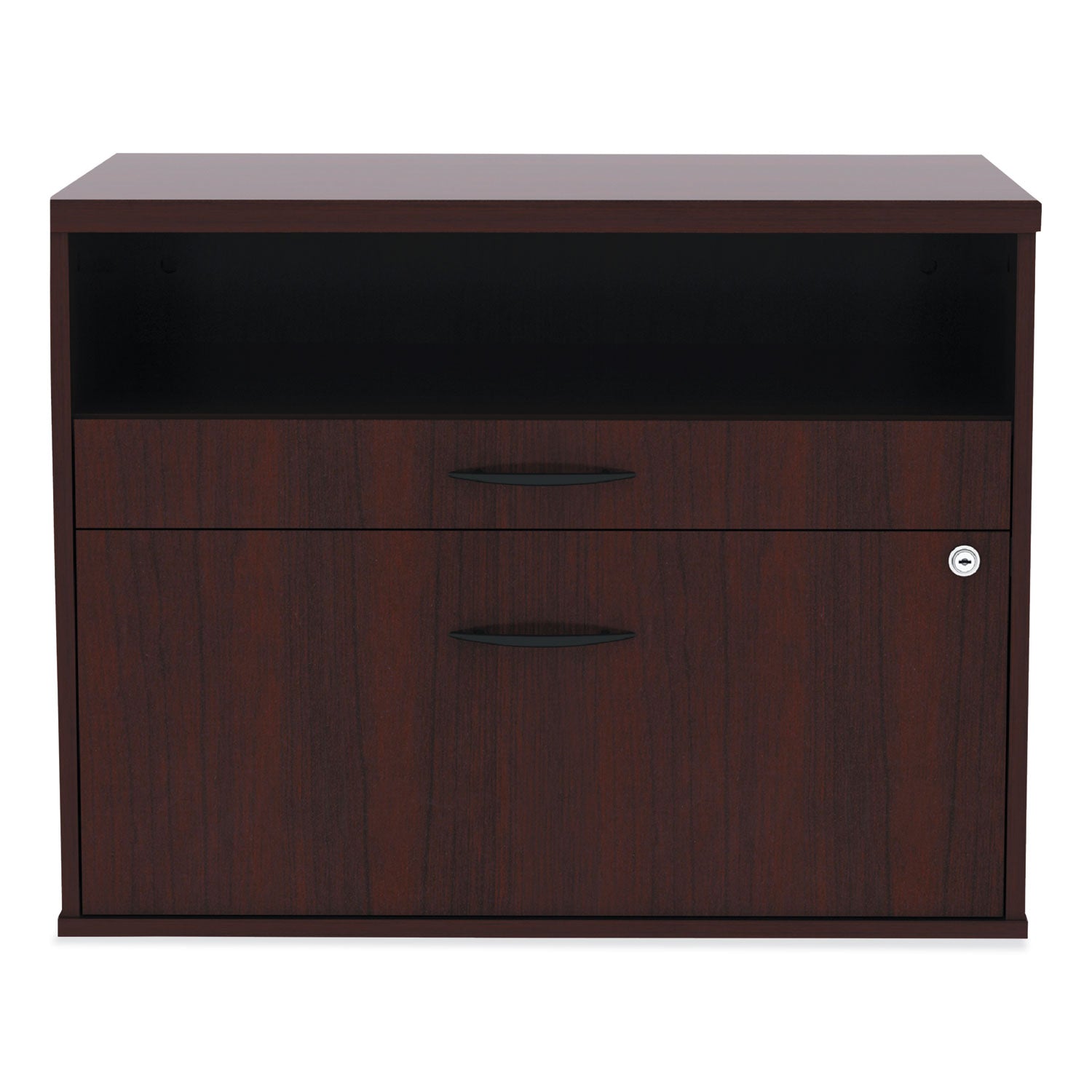 Alera® Alera Open Office Desk Series Low File Cabinet Credenza, 2-Drawer: Pencil/File,Legal/Letter,1 Shelf,Mahogany,29.5x19.13x22.88