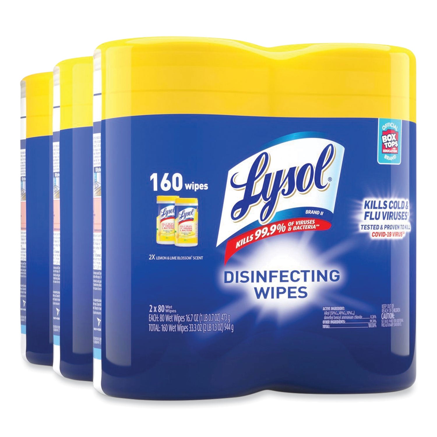 LYSOL® Brand Disinfecting Wipes, 1-Ply, 7 x 7.25, Lemon and Lime Blossom, White, 80 Wipes/Canister, 2 Canisters/Pack