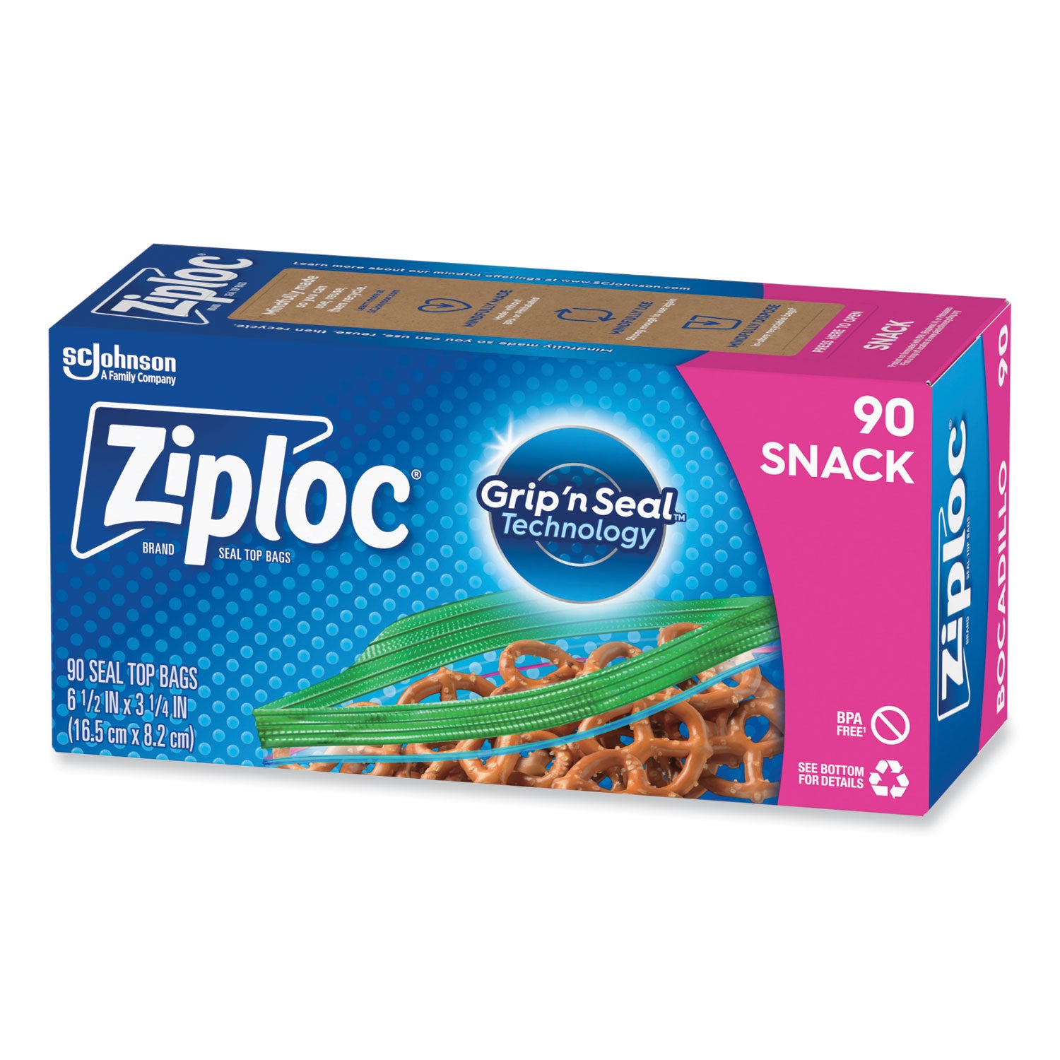 Ziploc® Seal Top Snack Bags, Snack, 6.5" x 3.25", Clear, 90 Bags/Box, 12 Boxes/Carton