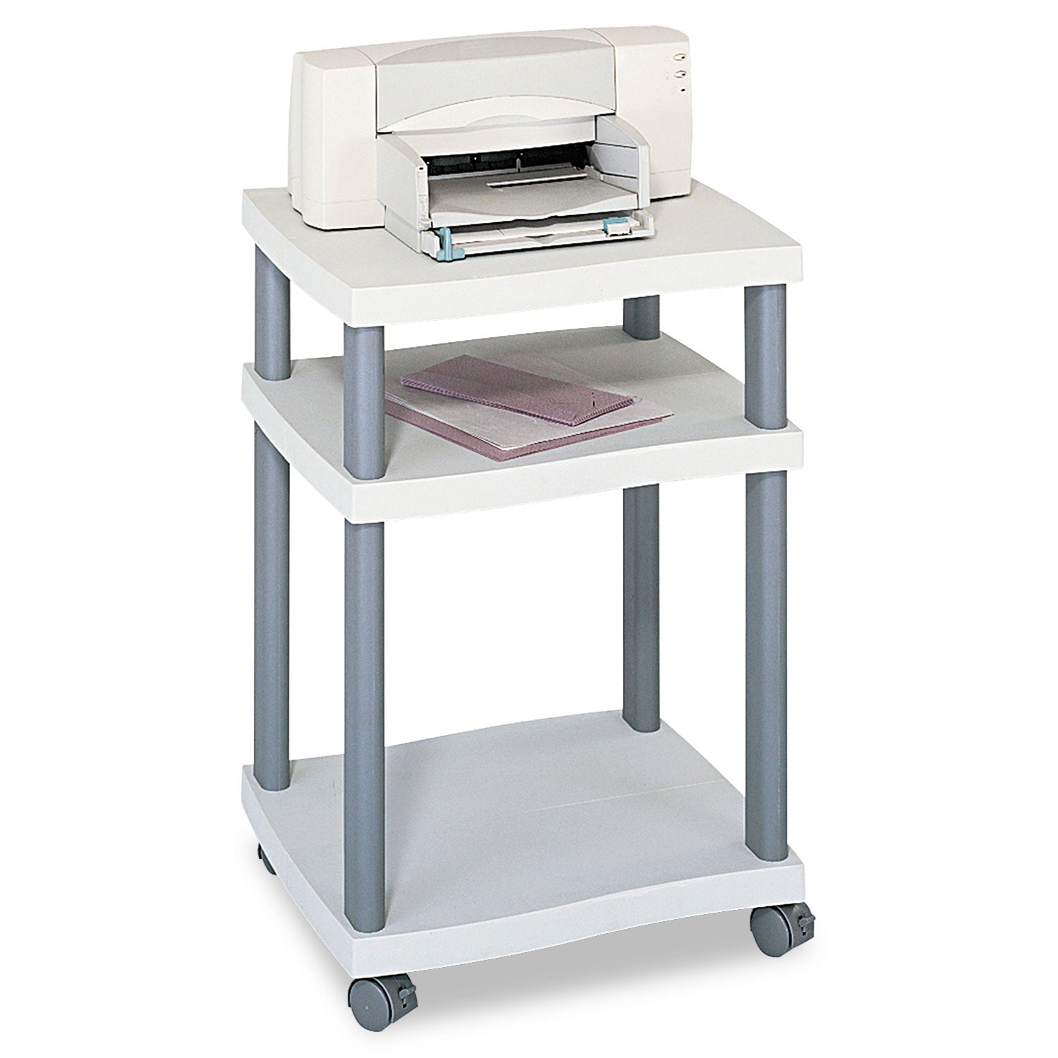 Safco® Wave Design Deskside Printer Stand, Plastic, 3 Shelves, 20" x 17.5" x 29.25", White/Charcoal Gray