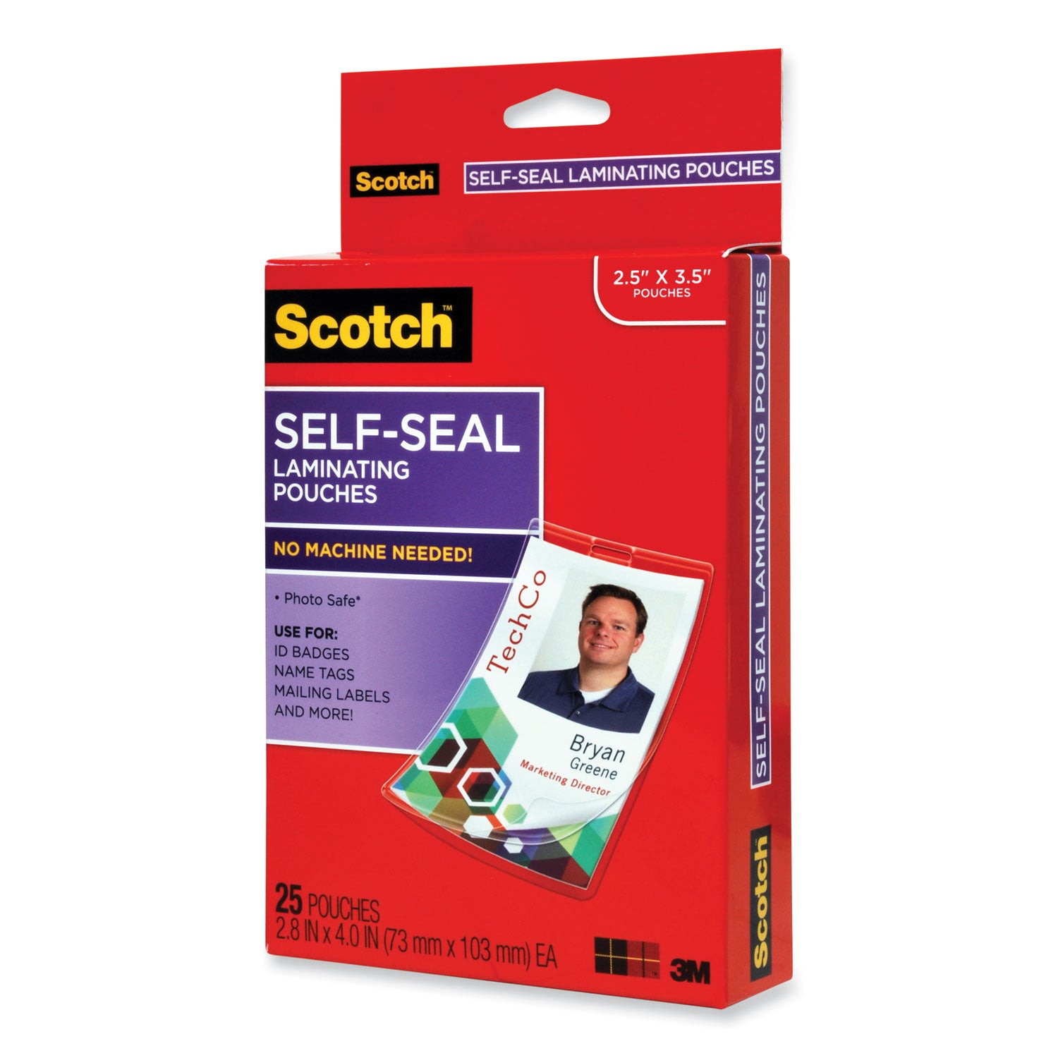 Scotch™ Self-Sealing Laminating Pouches, 12.5 mil, 2.31" x 4.06", Gloss Clear, 25/Pack