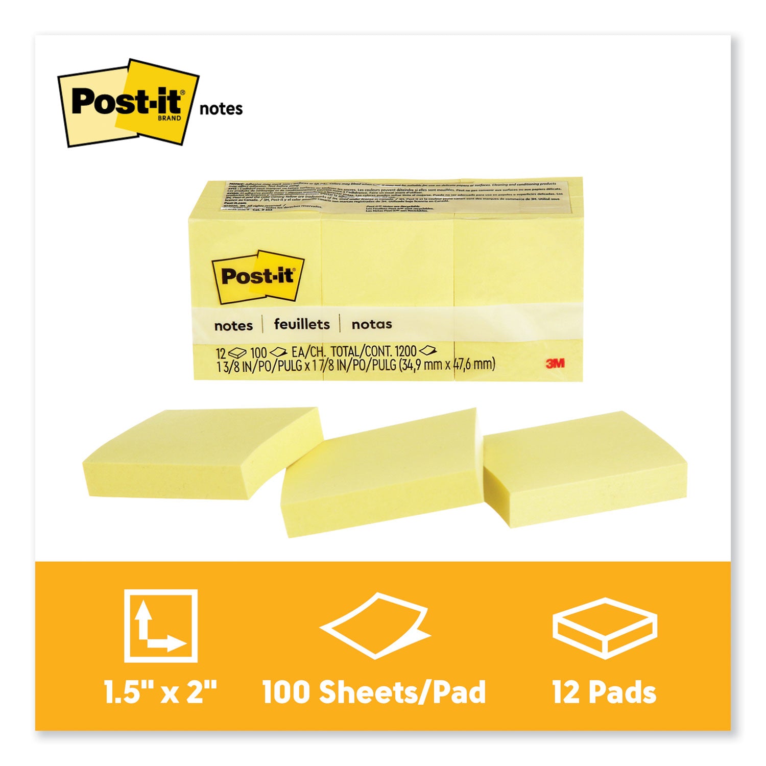 Post-it® Notes Original Pads in Canary Yellow, 1.38" x 1.88", 100 Sheets/Pad, 12 Pads/Pack