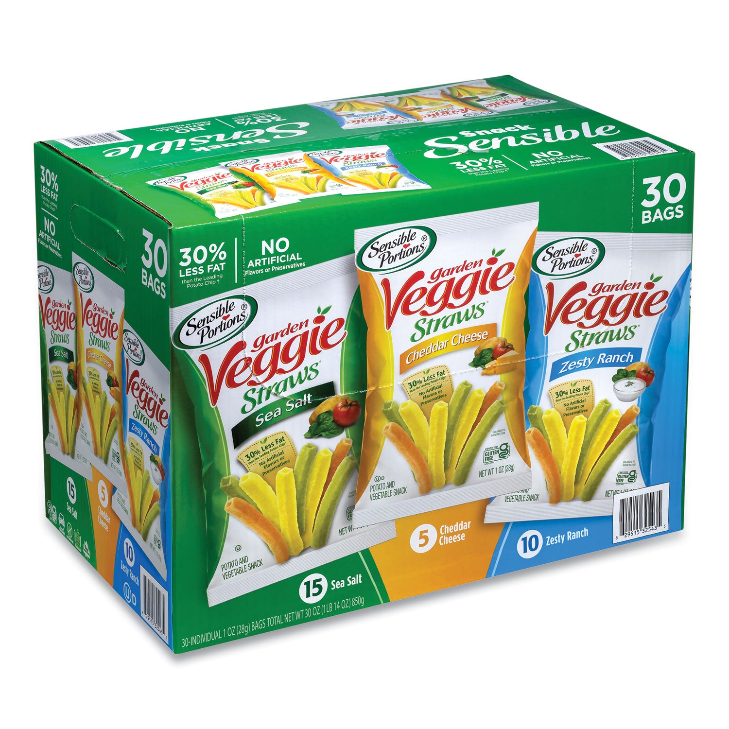 Sensible Portions® Veggie Straws, Cheddar Cheese/Sea Salt/Zesty Ranch, 1 oz Bag, 30 Bags/Carton