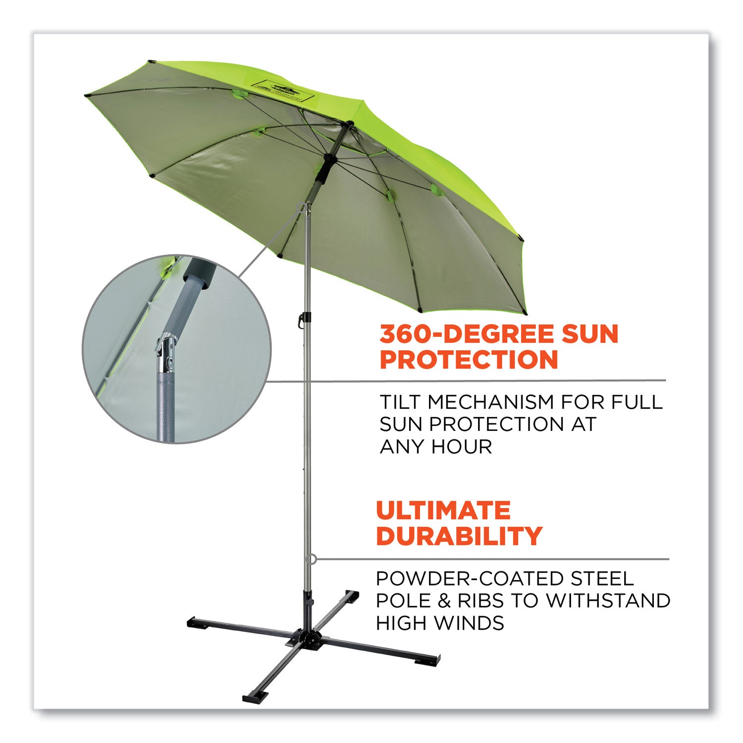 Ergodyne® Shax 6199 Lightweight Work Umbrella Stand Kit, 7.5 ft dia x 92" Tall, Polyester/Steel, Lime