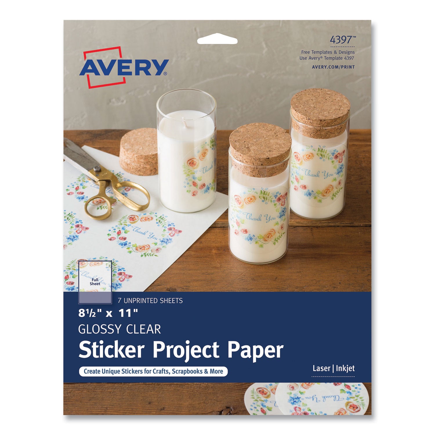 Avery Sticker Project Paper Laser/Inkjet Multipurpose Labels, 11 x 8.5, Glossy Clear, 1 Label/Sheet, 7 Sheets/Pack