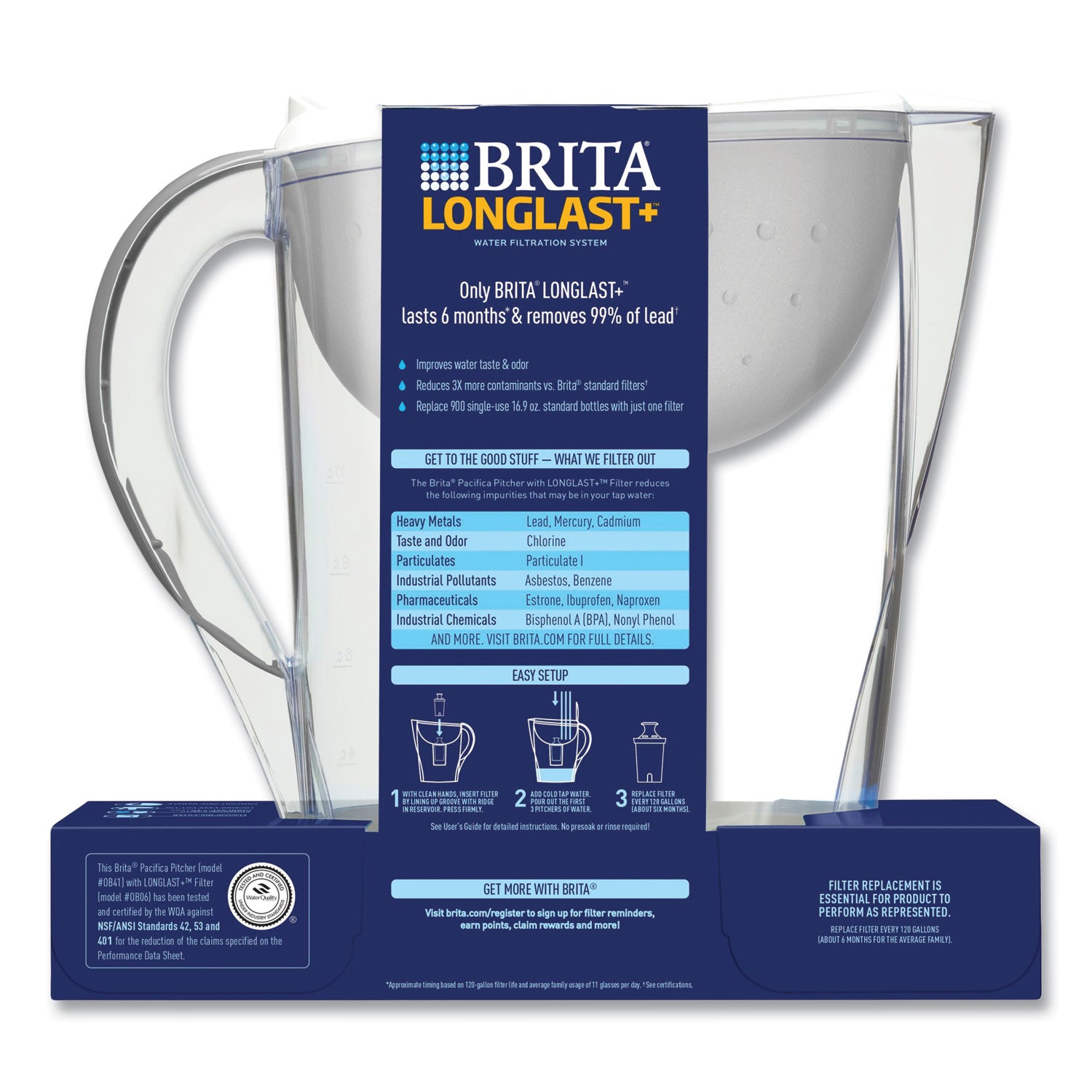 Pacifica Pitcher with Longlast+ Filter, 0.63 gal, White/Clear Brita® Flipcost