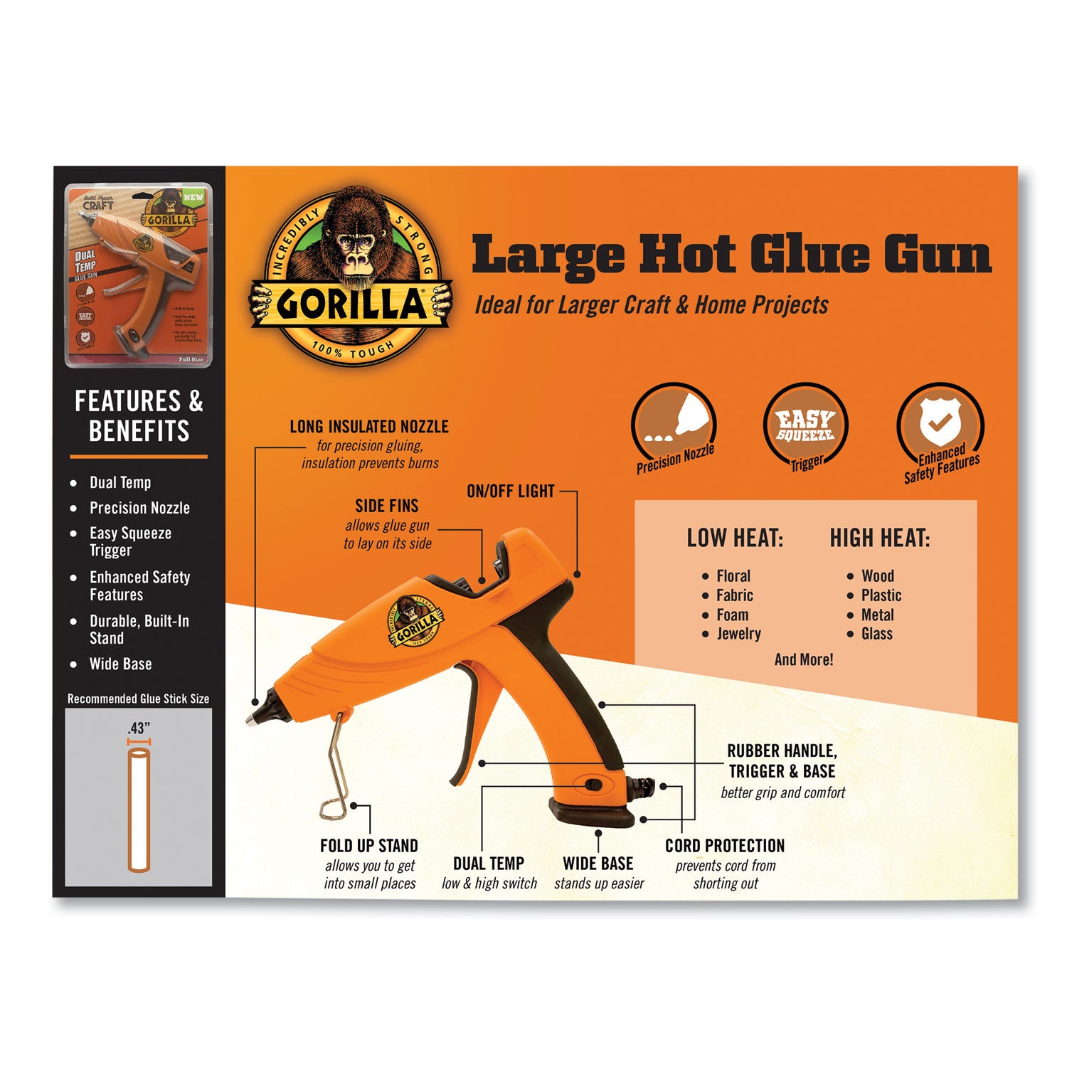 Gorilla® Dual Temp Hot Glue Gun, Orange/Black