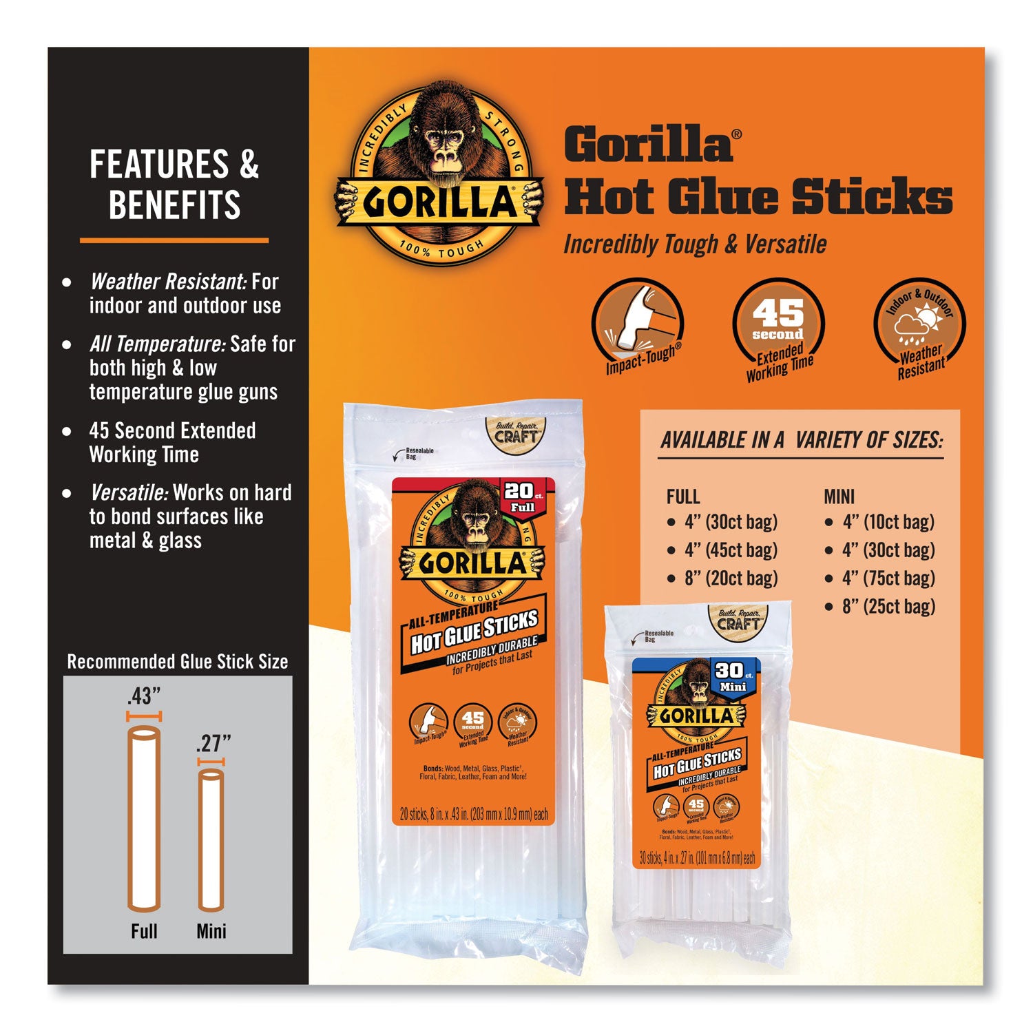 Gorilla® Mini Hot Glue Sticks, 0.27" dia x 4", Dries Clear, 75/Pack