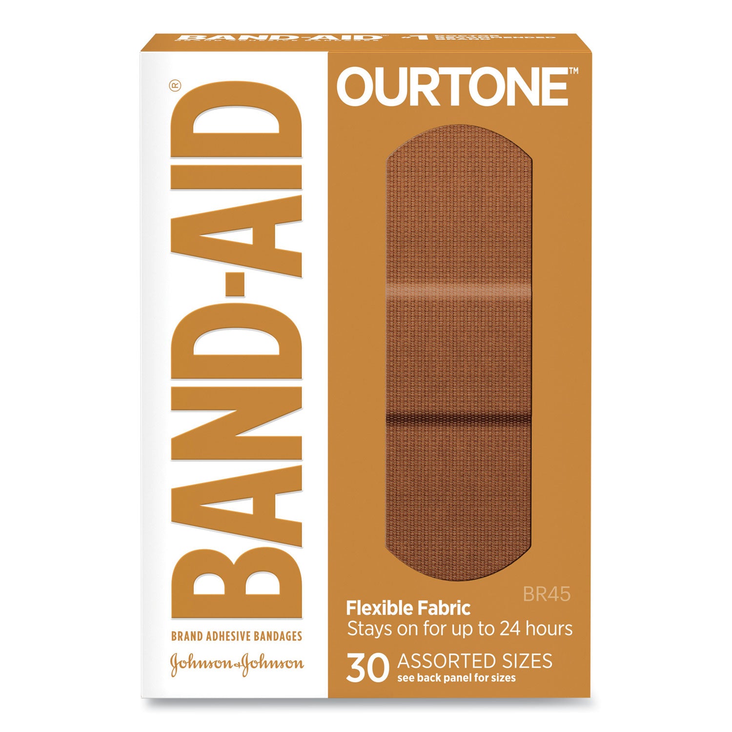 BAND-AID® OurTone Adhesive Bandages, BR45, 2.25 x 0.63; 3 x 0.75; 3 x 1, Light Brown, 30/Pack