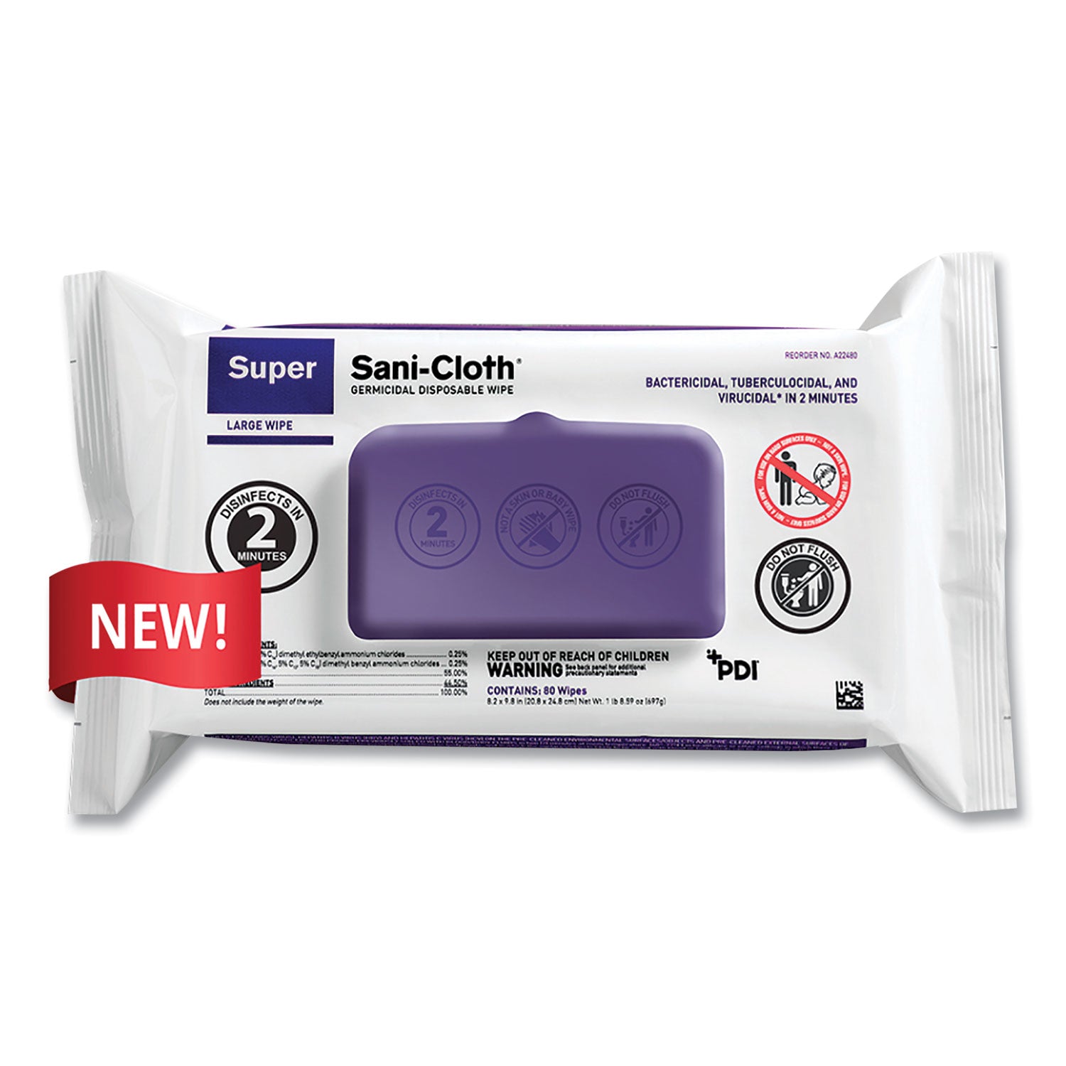 Super Sani-Cloth Germicidal Disposable Wipes, Large, 1-Ply, 8.2 x 9.8, Unscented, White, 80/Pack