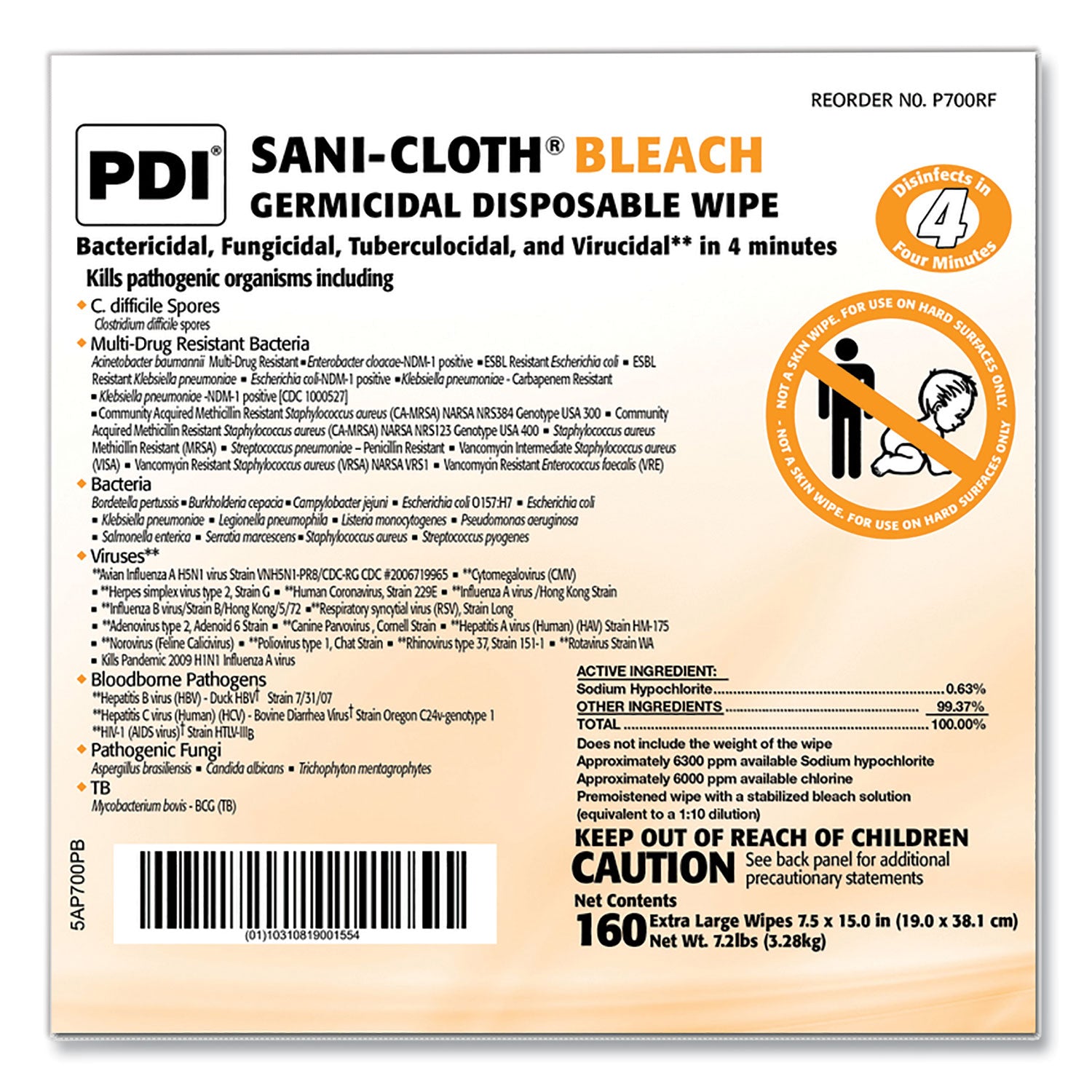 Sani Professional® Sani-Cloth Bleach Germicidal Disposable Wipe Refill, 1-Ply, 7.5 x 15, Unscented, White, 160/Bag, 2 Bags/Carton