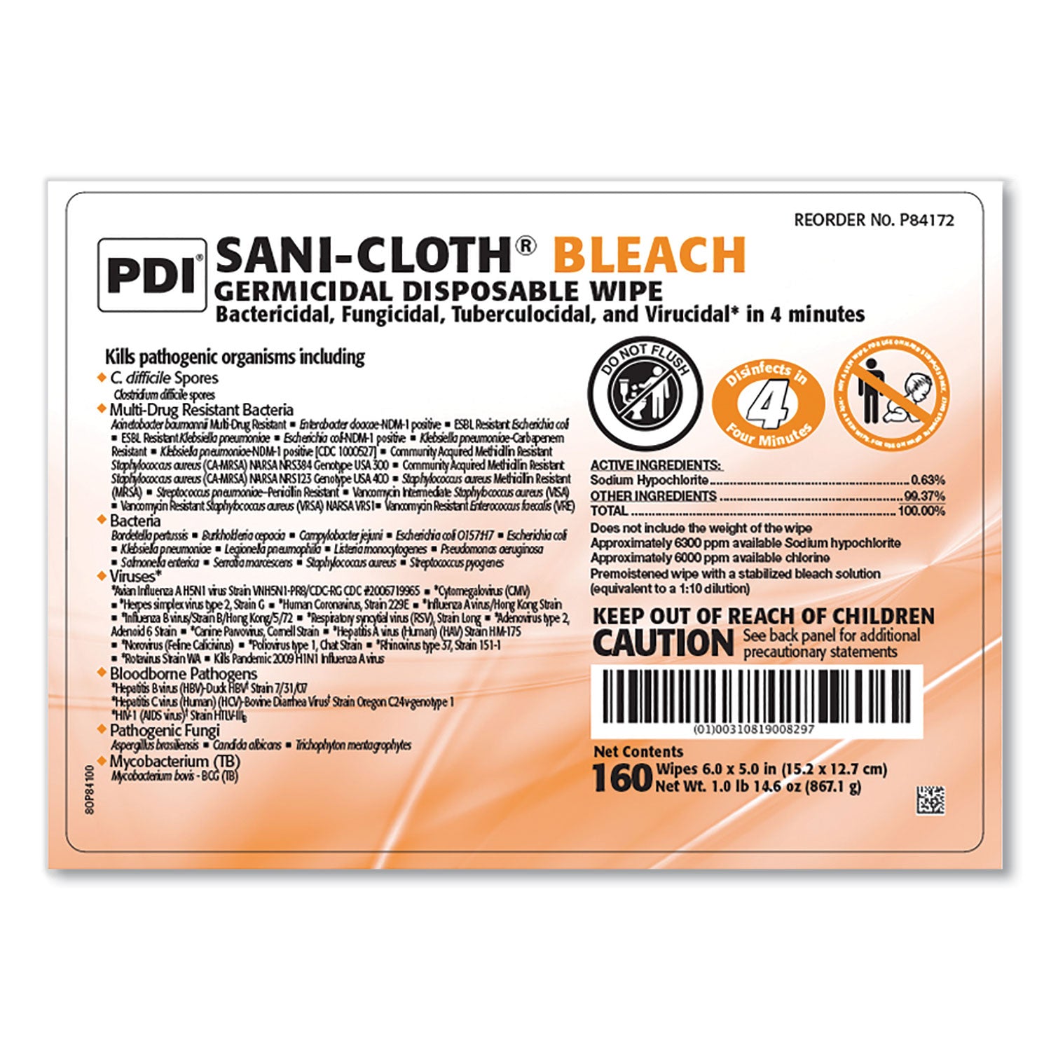 Sani Professional® Sani-Cloth Bleach Germicidal Disposable Wipes, 1-Ply, 6 x 5, Unscented, White, 160/Canister, 12 Canisters/Carton