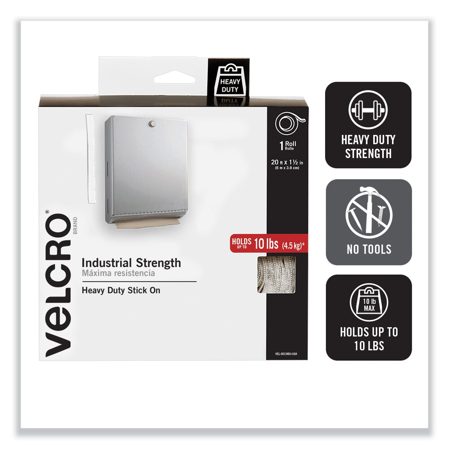 VELCRO® Brand Industrial-Strength Heavy-Duty Fasteners with Dispenser Box, 2" x 15 ft, White