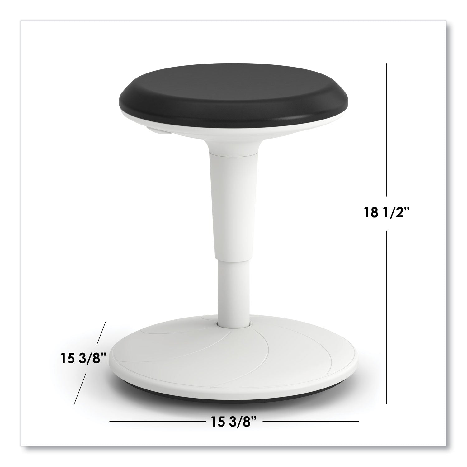 HON® Revel Adjustable Height Fidget Stool, Backless, Supports Up to 250 lb, 13.75" to 18.5" Seat Height, Black Seat, White Base