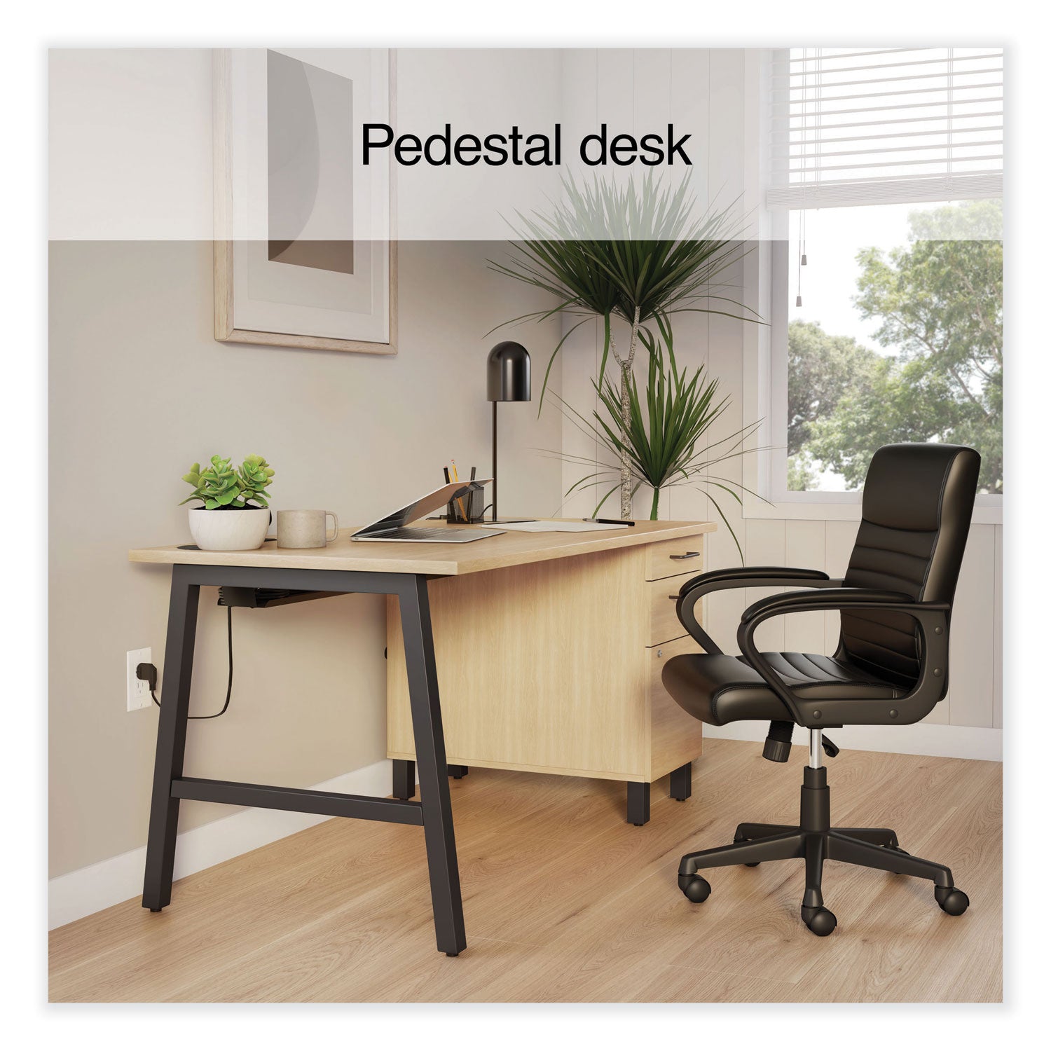 Union & Scale™ Essentials Single-Pedestal Writing Desk with Integrated Power Management, 59.8" x 29.9" x 29.7", Natural Wood/Black