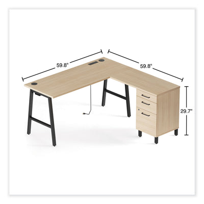 Essentials Single-Pedestal L-Shaped Desk with Integrated Power Management, 59.8" x 59.8 x 29.7", Natural Wood/Black Flipcost Flipcost