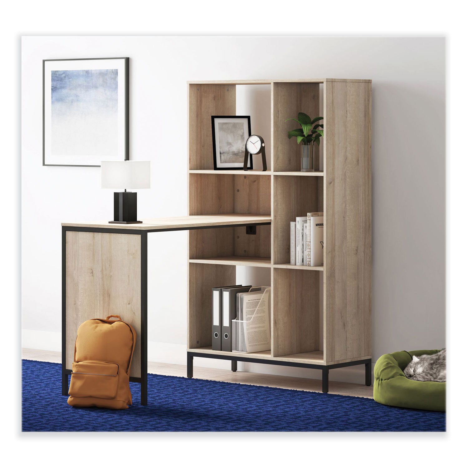 Whalen® Turing Home Office Workstation with Integrated Bookcase and Power Center, 48.3" x 31.75" x 55.25", Desert Ash/Black