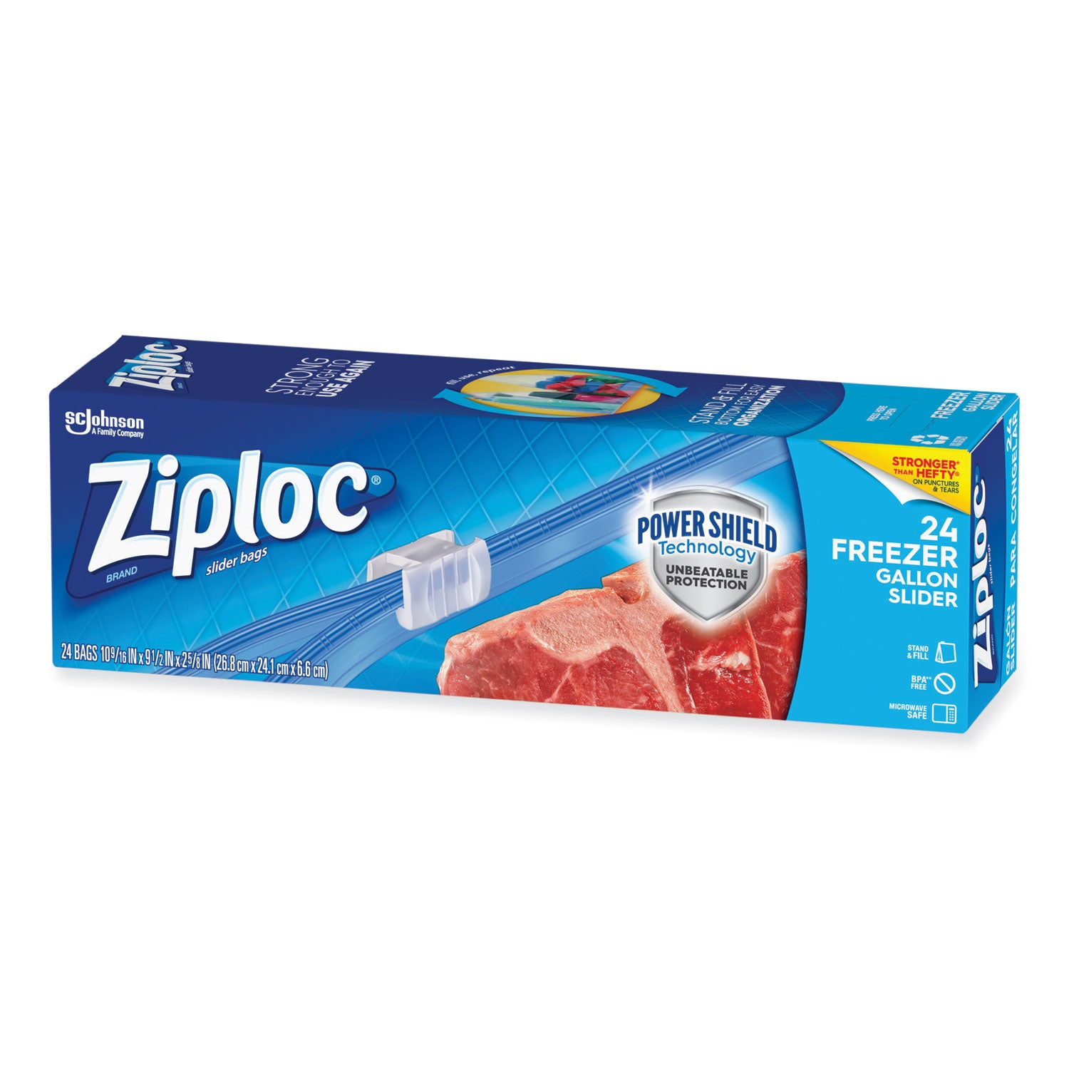 Ziploc® Slider Freezer Bags, 1 gal, 9.5" x 2.63" x 10.56", Clear, 24/Box