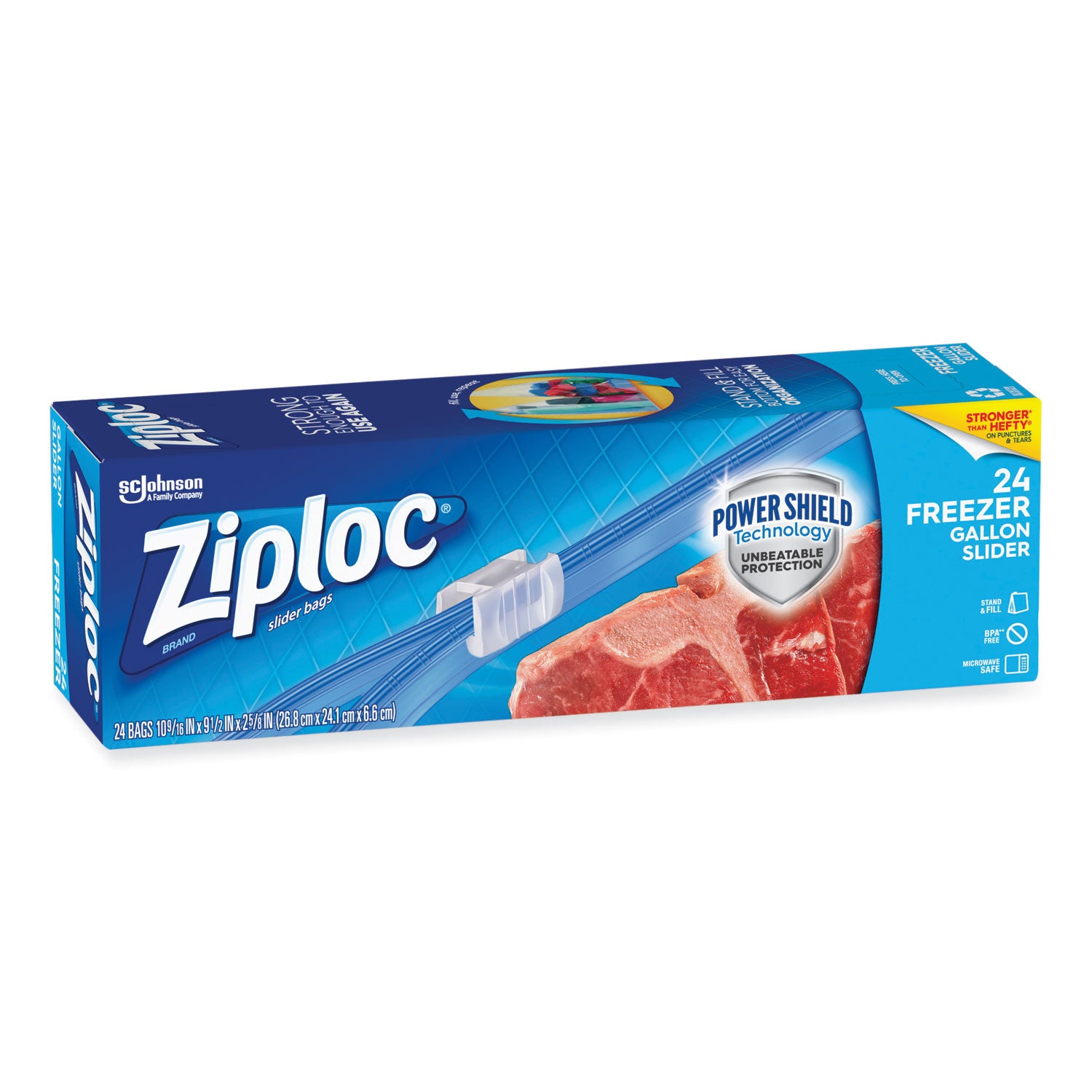 Ziploc® Slider Freezer Bags, 1 gal, 9.5" x 2.63" x 10.56", Clear, 24/Box