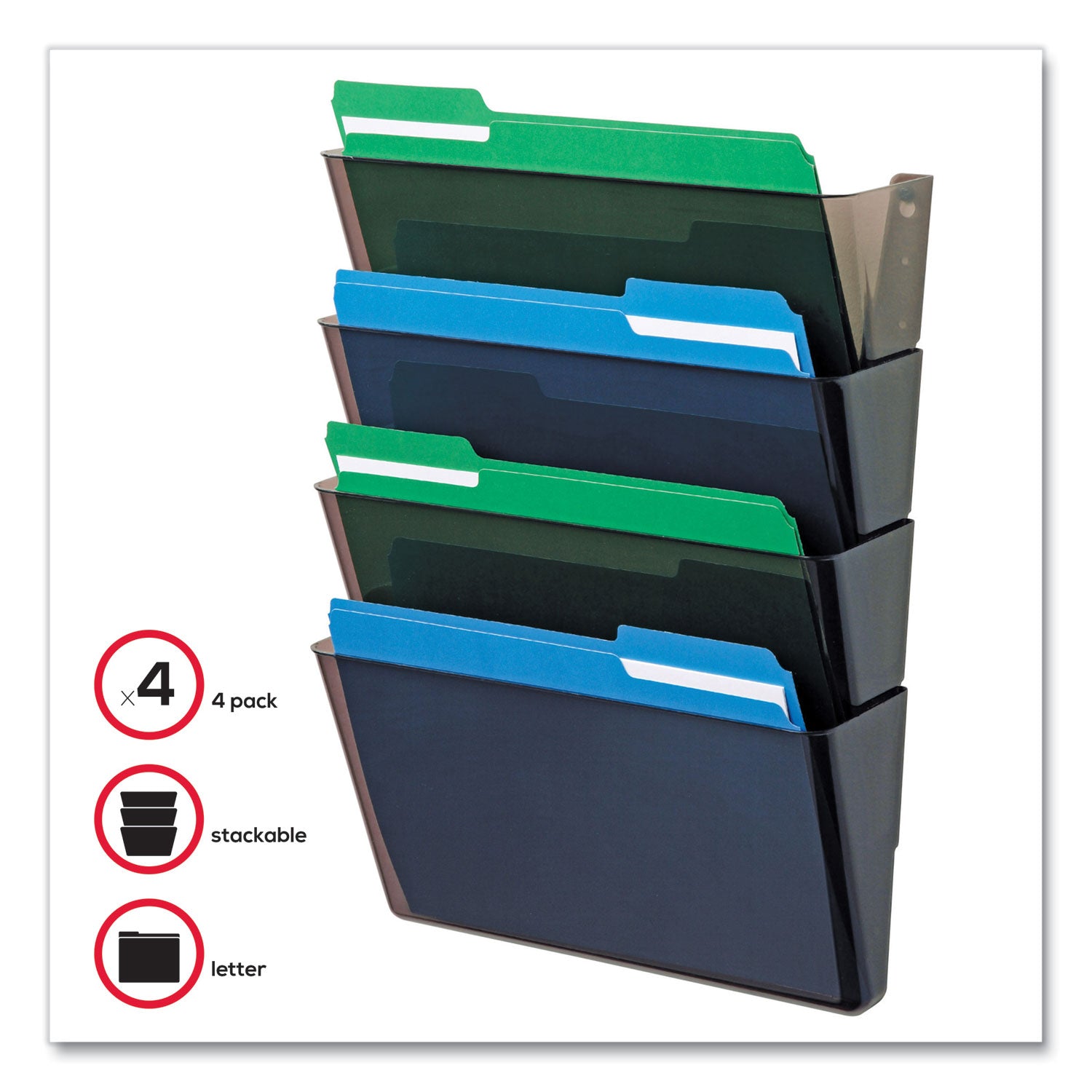 deflecto® DocuPocket Stackable Four-Pocket Wall File, 4 Sections, Letter Size, 13" x 4", Smoke