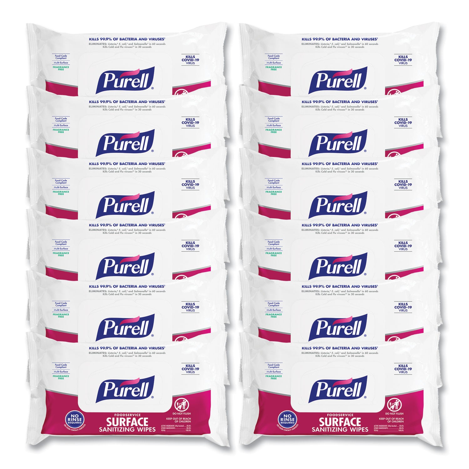 PURELL® Foodservice Surface Sanitizing Wipes, 1-Ply, 7.4 x 9, Fragrance-Free, White, 72/Pouch, 12 Pouches/Carton