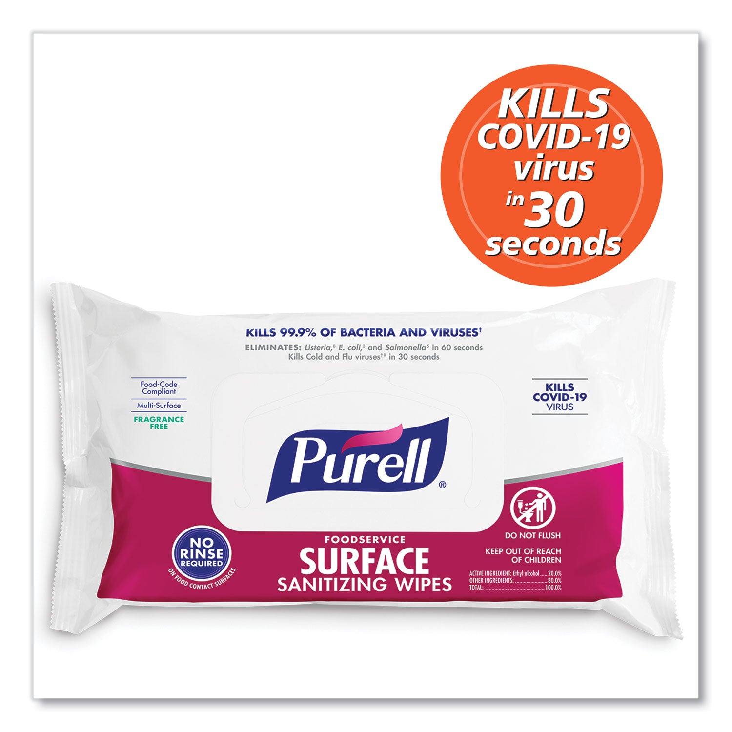 PURELL® Foodservice Surface Sanitizing Wipes, 1-Ply, 7.4 x 9, Fragrance-Free, White, 72/Pouch, 12 Pouches/Carton