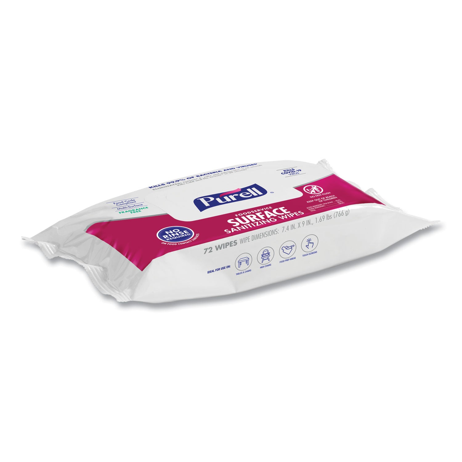 PURELL® Foodservice Surface Sanitizing Wipes, 1-Ply, 7.4 x 9, Fragrance-Free, White, 72/Pouch, 12 Pouches/Carton