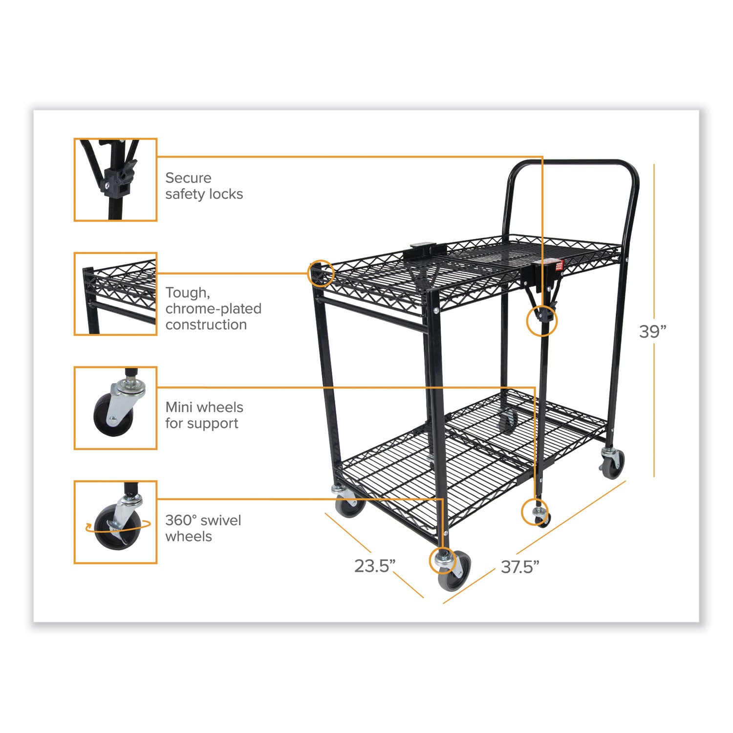 Bostitch® Stowaway Folding Carts, Metal, 2 Shelves, 250 lb Capacity, 35" x 37.25" x 22", Black