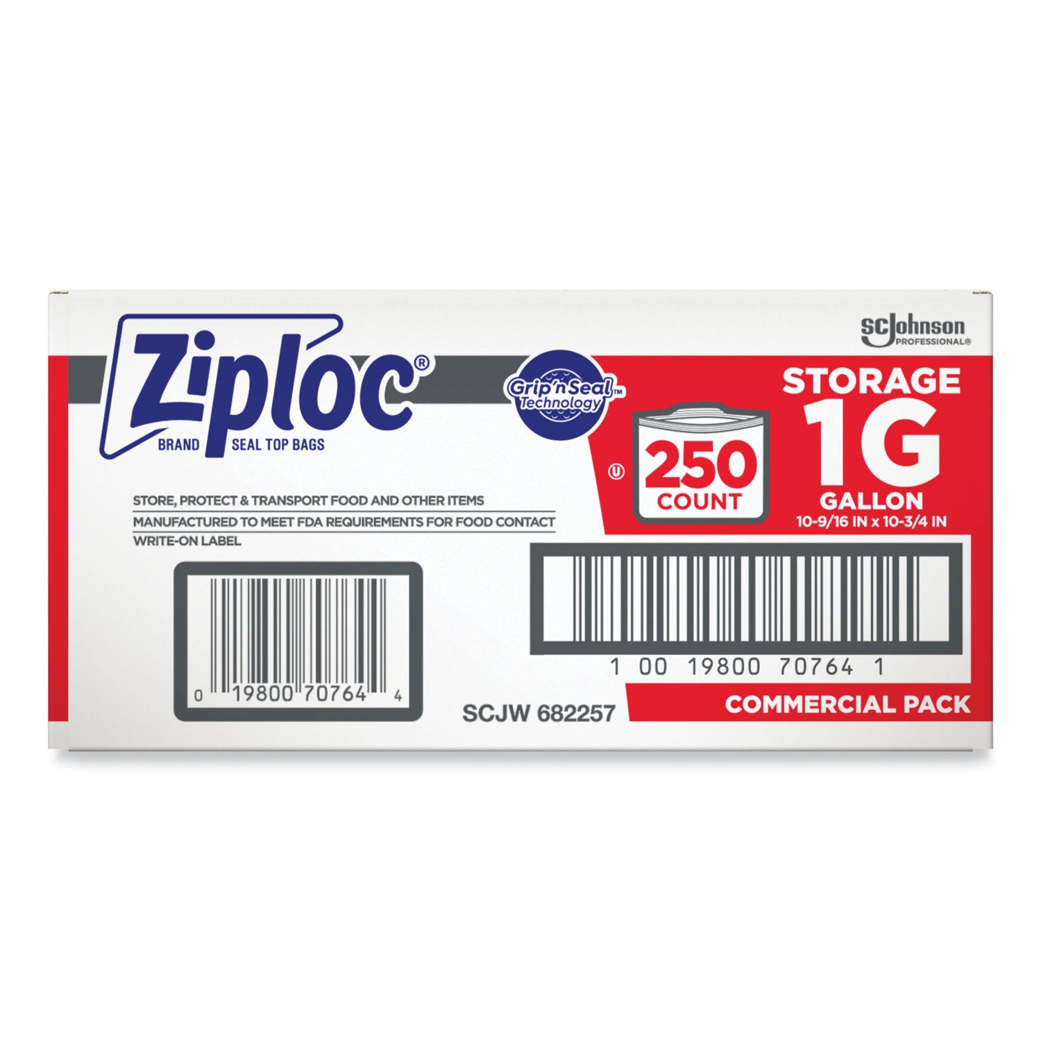 Ziploc® Double Zipper Storage Bags, Triple System Seal, Gallon, 10.56" x 10.75", Clear, 250/Box