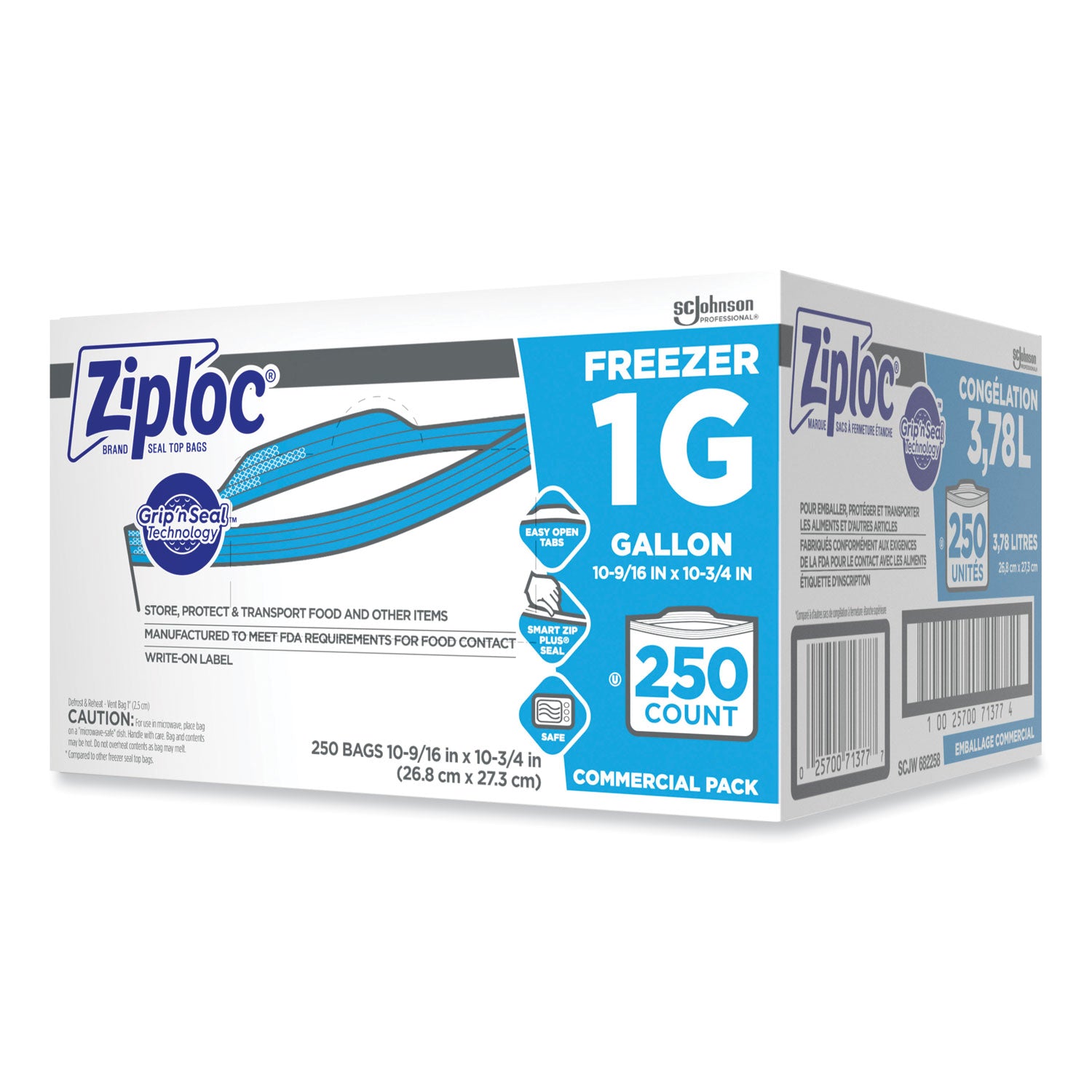 Ziploc® Zipper Freezer Bags, 1 gal, 10.56" x 10.75", Clear, 250/Carton