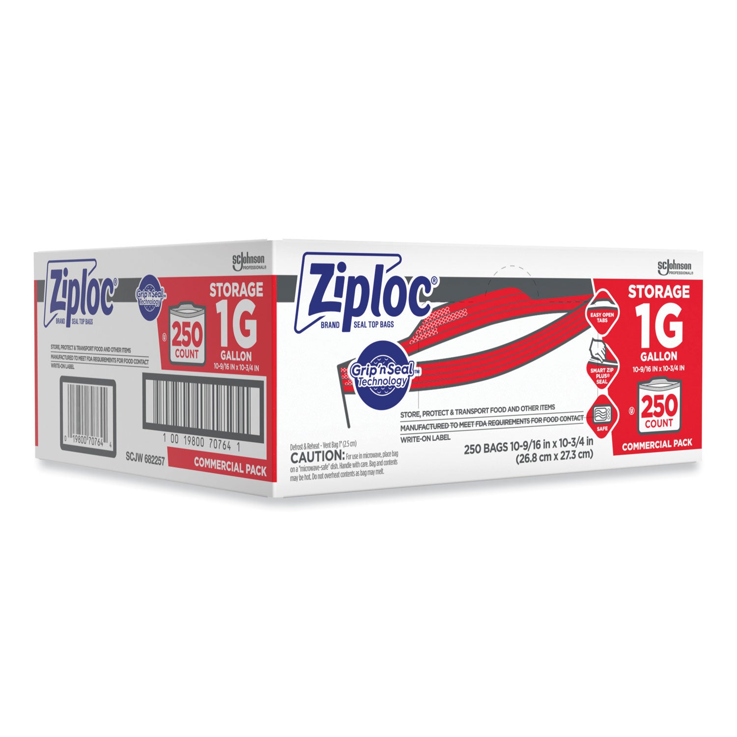 Ziploc® Double Zipper Storage Bags, Triple System Seal, Gallon, 10.56" x 10.75", Clear, 250/Box