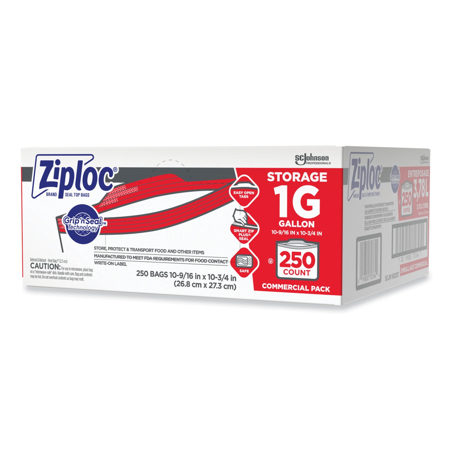 Ziploc® Double Zipper Storage Bags, Triple System Seal, Gallon, 10.56" x 10.75", Clear, 250/Box