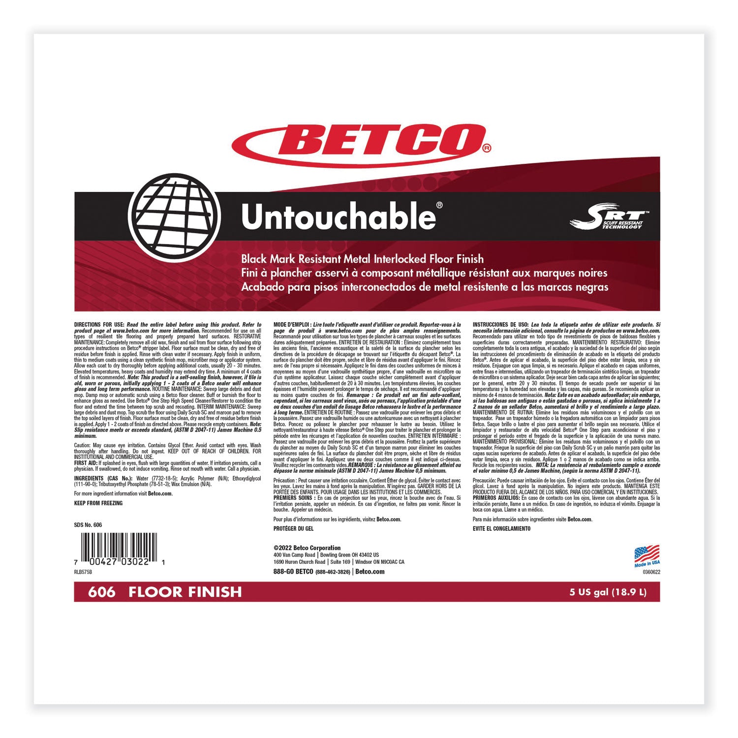 Betco® Untouchable Floor Finish with SRT, 5 gal Bag-in-Box