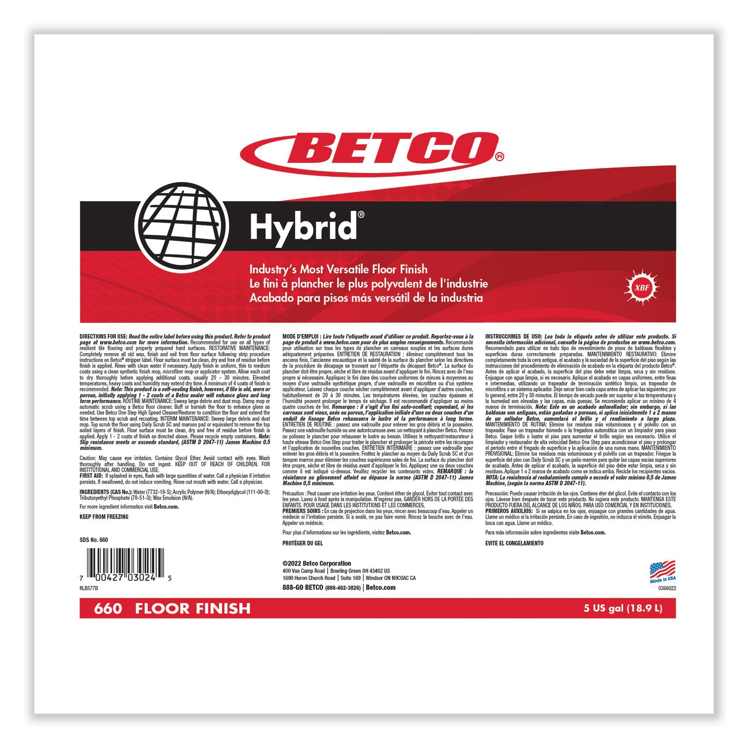 Betco® Hybrid Floor Finish, 5 gal Bag-in-Box