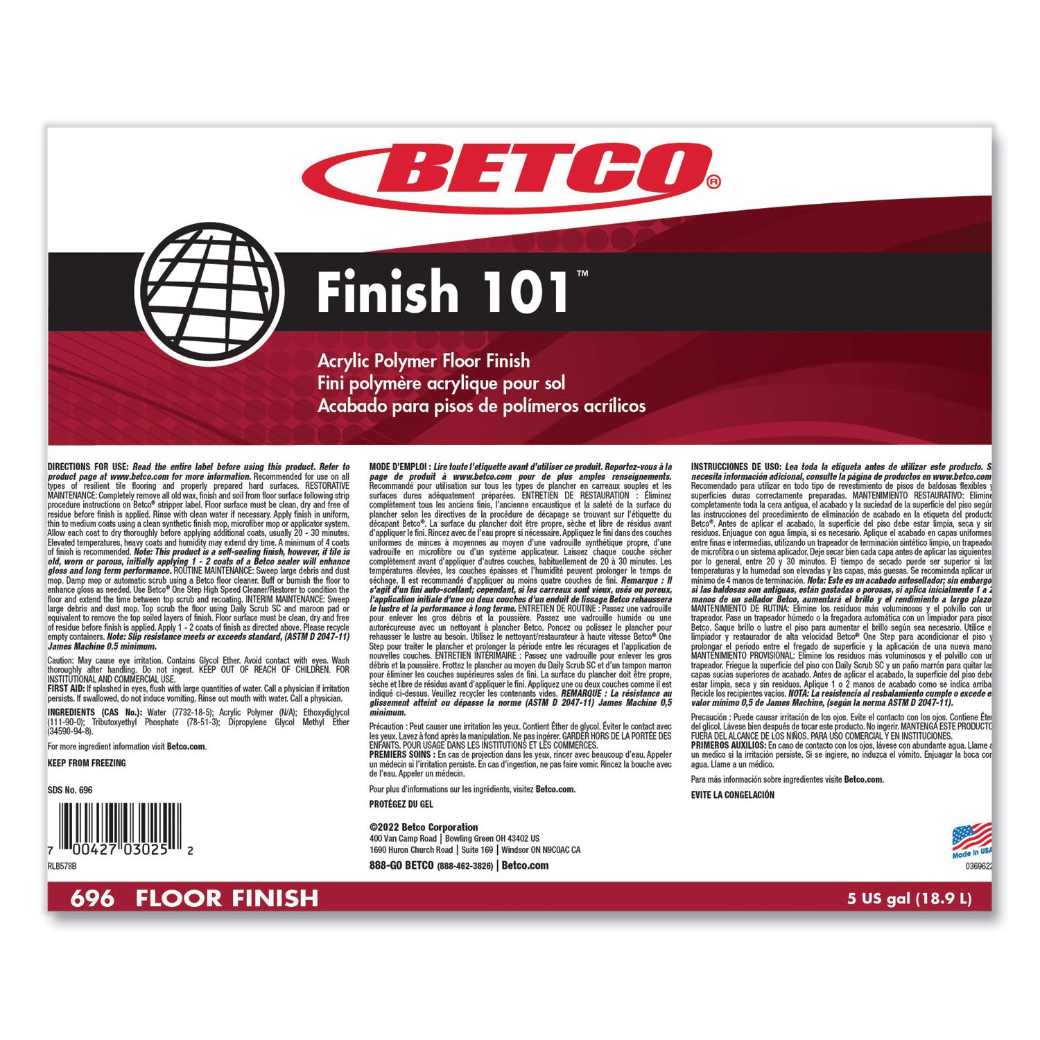 Betco® Finish 101 Floor Finish, 5 gal Bag-in-Box