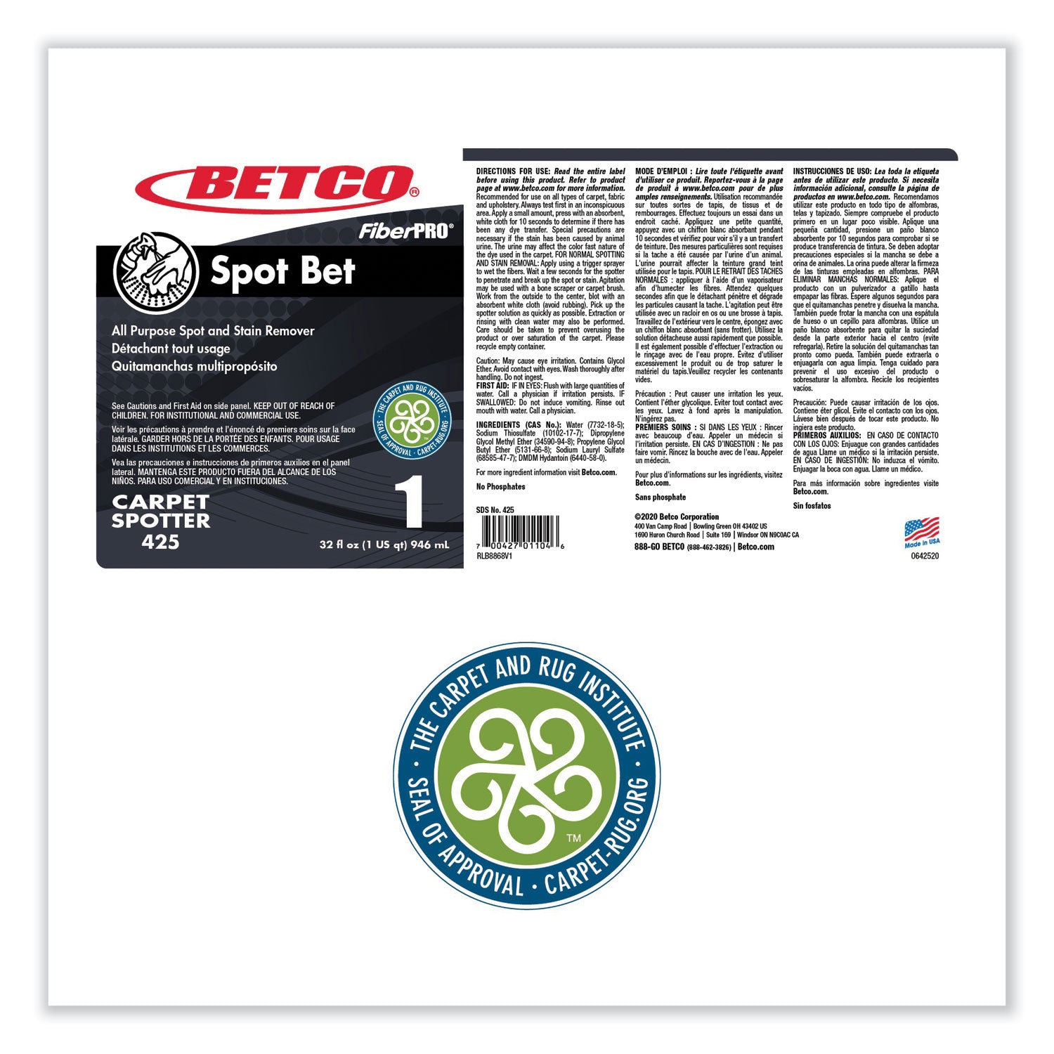 Betco® FiberPro Spot Bet Stain Remover, Country Fresh Scent, 32 oz Bottle, 12/Carton