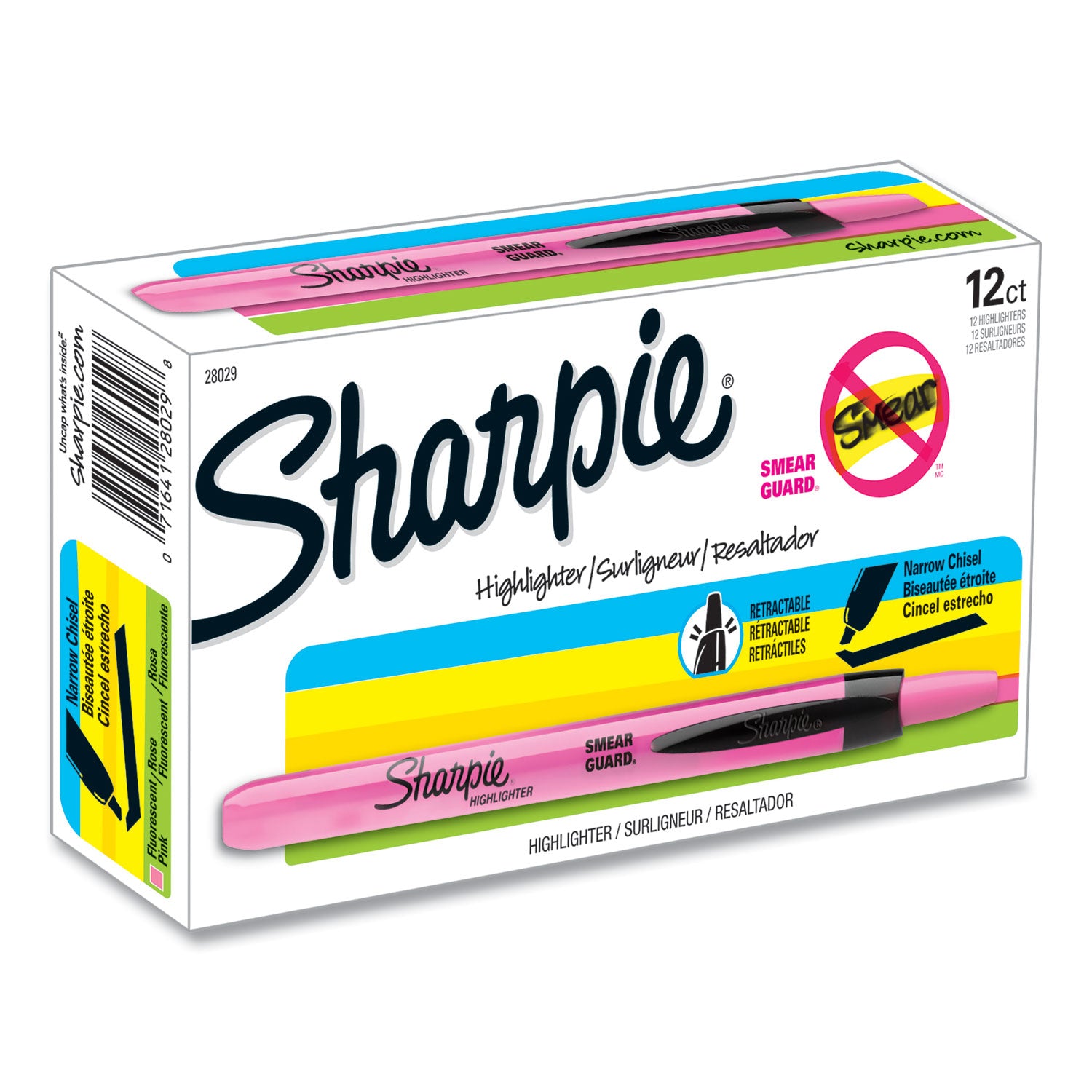 Sharpie® Retractable Highlighters, Fluorescent Pink Ink, Chisel Tip, Pink/Black Barrel, Dozen