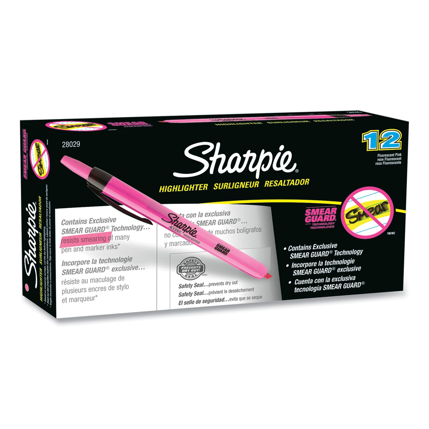 Sharpie® Retractable Highlighters, Fluorescent Pink Ink, Chisel Tip, Pink/Black Barrel, Dozen