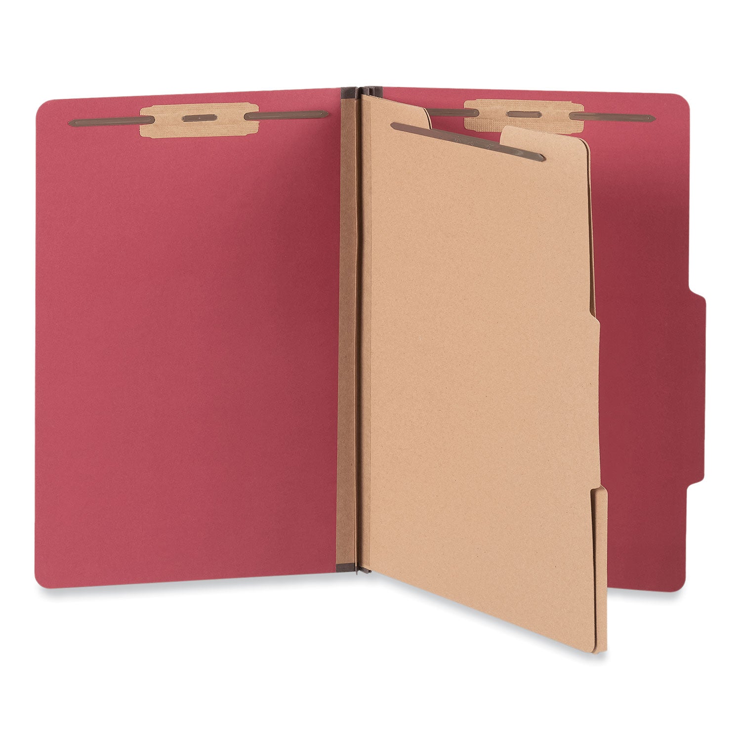 Universal® Bright Colored Pressboard Classification Folders, 2" Expansion, 2 Dividers, 6 Fasteners, Legal Size, Ruby Red, 10/Box