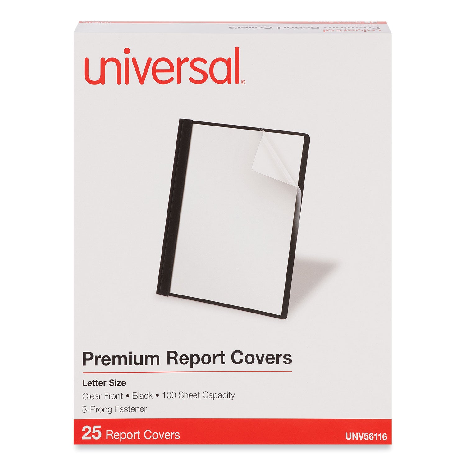 Universal® Clear Front Report Cover with Fasteners, Three-Prong Fastener, 0.5" Capacity, 8.5 x 11, Clear/Black, 25/Box