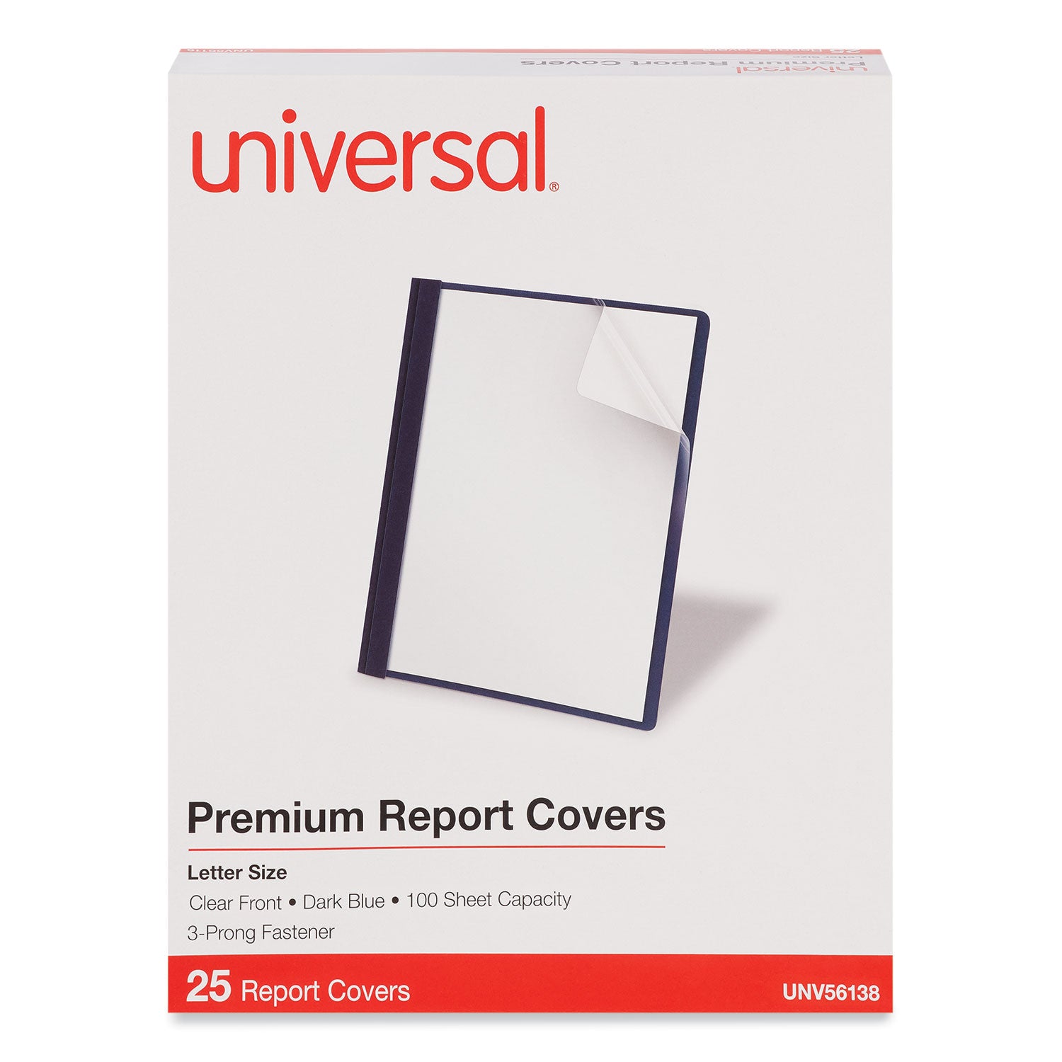 Universal® Clear Front Report Covers with Fasteners, Three-Prong Fastener, 0.5" Capacity,  8.5 x 11, Clear/Dark Blue, 25/Box