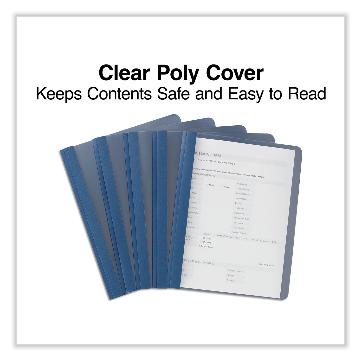 Universal® Clear Front Report Covers with Fasteners, Three-Prong Fastener, 0.5" Capacity,  8.5 x 11, Clear/Dark Blue, 25/Box