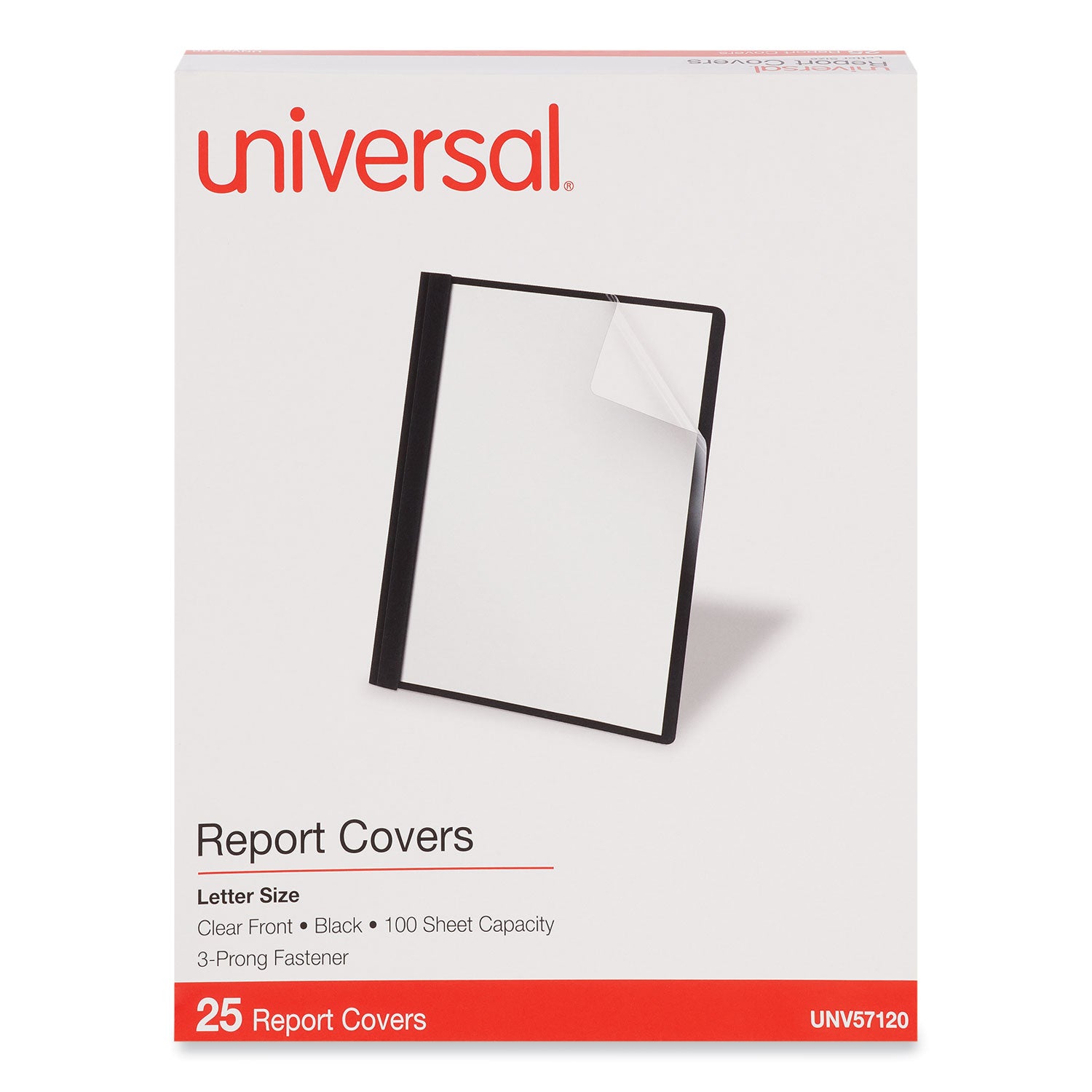 Universal® Clear Front Report Cover, Prong Fastener, 0.5" Capacity, 8.5 x 11, Clear/Black, 25/Box