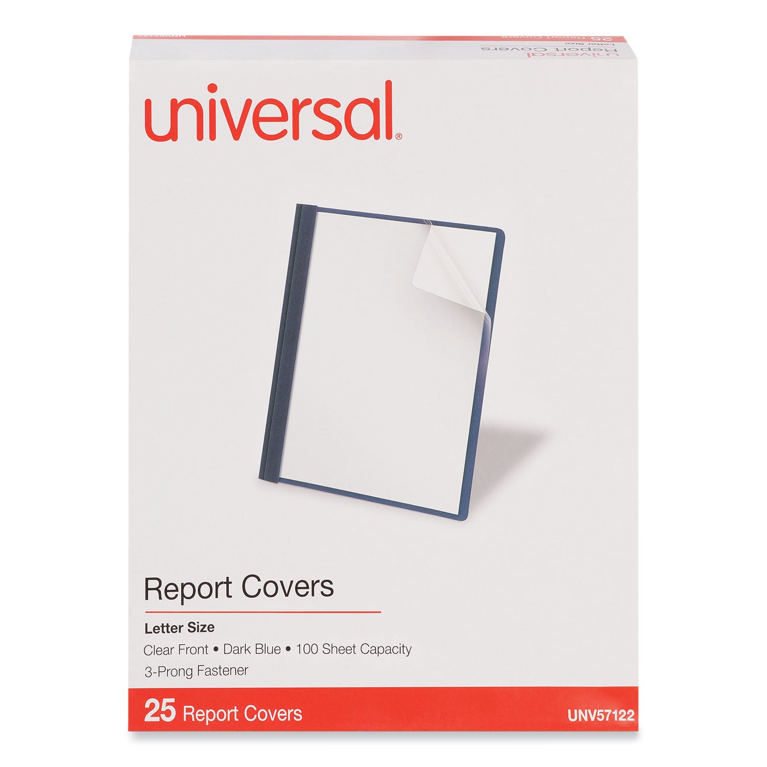 Universal® Clear Front Report Cover, Prong Fastener, 0.5" Capacity, 8.5 x 11, Clear/Dark Blue, 25/Box