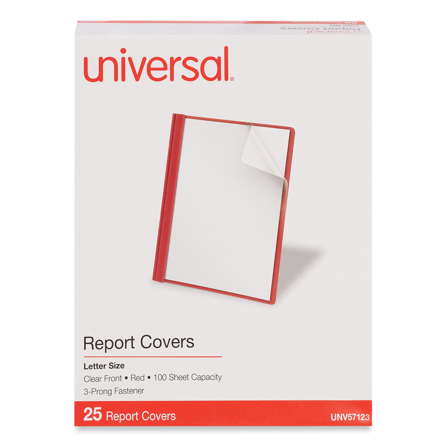 Universal® Clear Front Report Cover, Prong Fastener, 0.5" Capacity, 8.5 x 11, Clear/Red, 25/Box