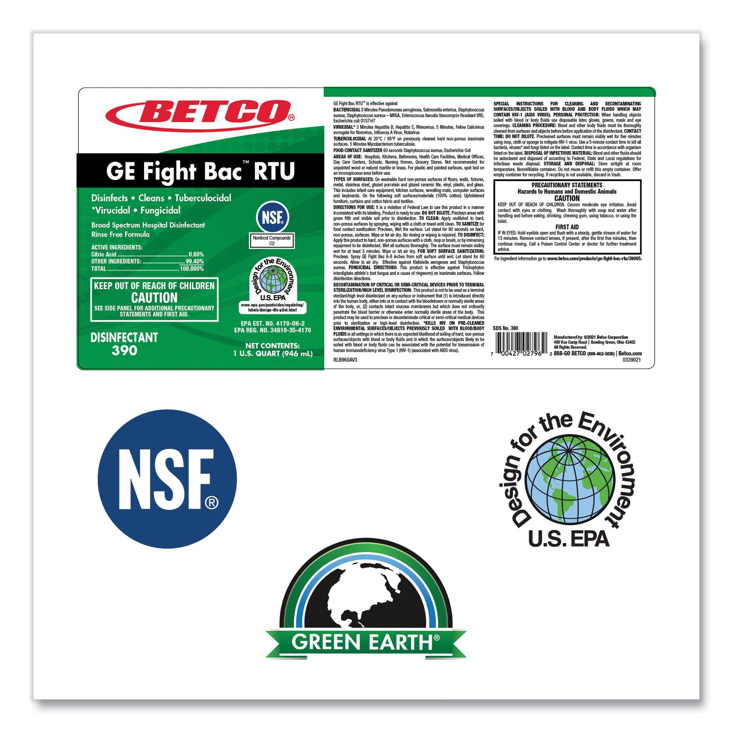 Betco® GE Fight Bac RTU Disinfectant, Fresh Scent, 32 oz Bottle, 12/Carton