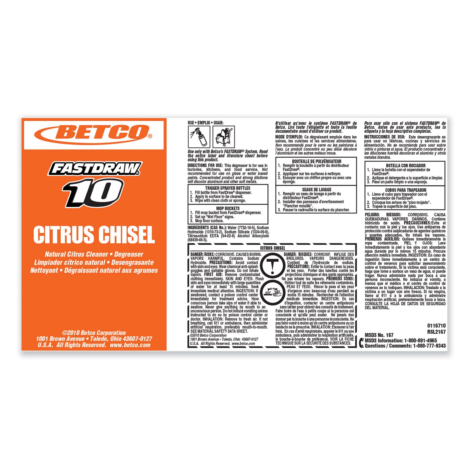 Betco® Citrus Chisel, Citrus Scent, 2 L Bottle, 4/Carton