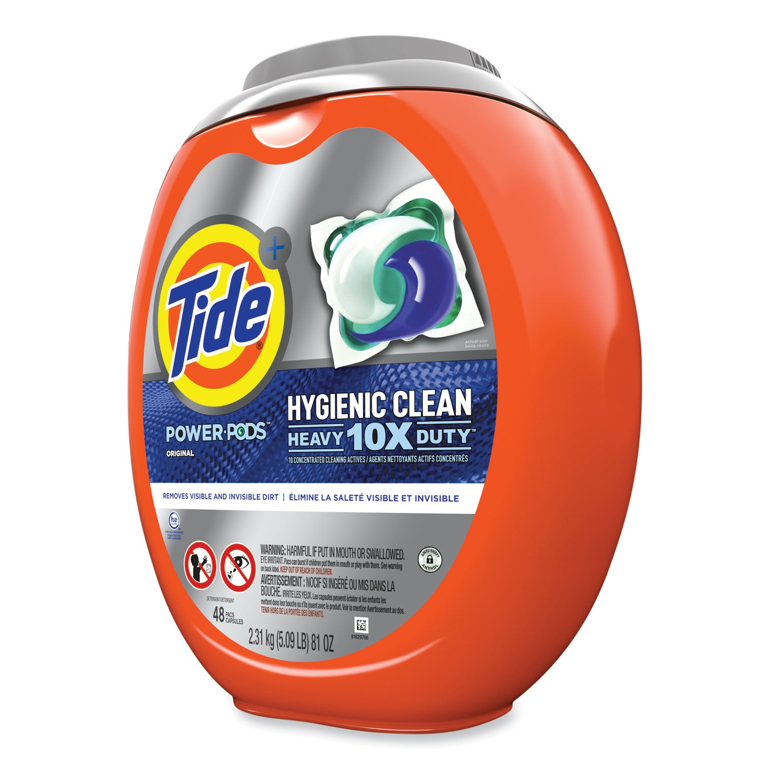 Tide® Hygienic Clean Heavy 10x Duty Power Pods, Original Scent, 81 oz Tub, 48 Pods/Tub, 4 Tubs/Carton