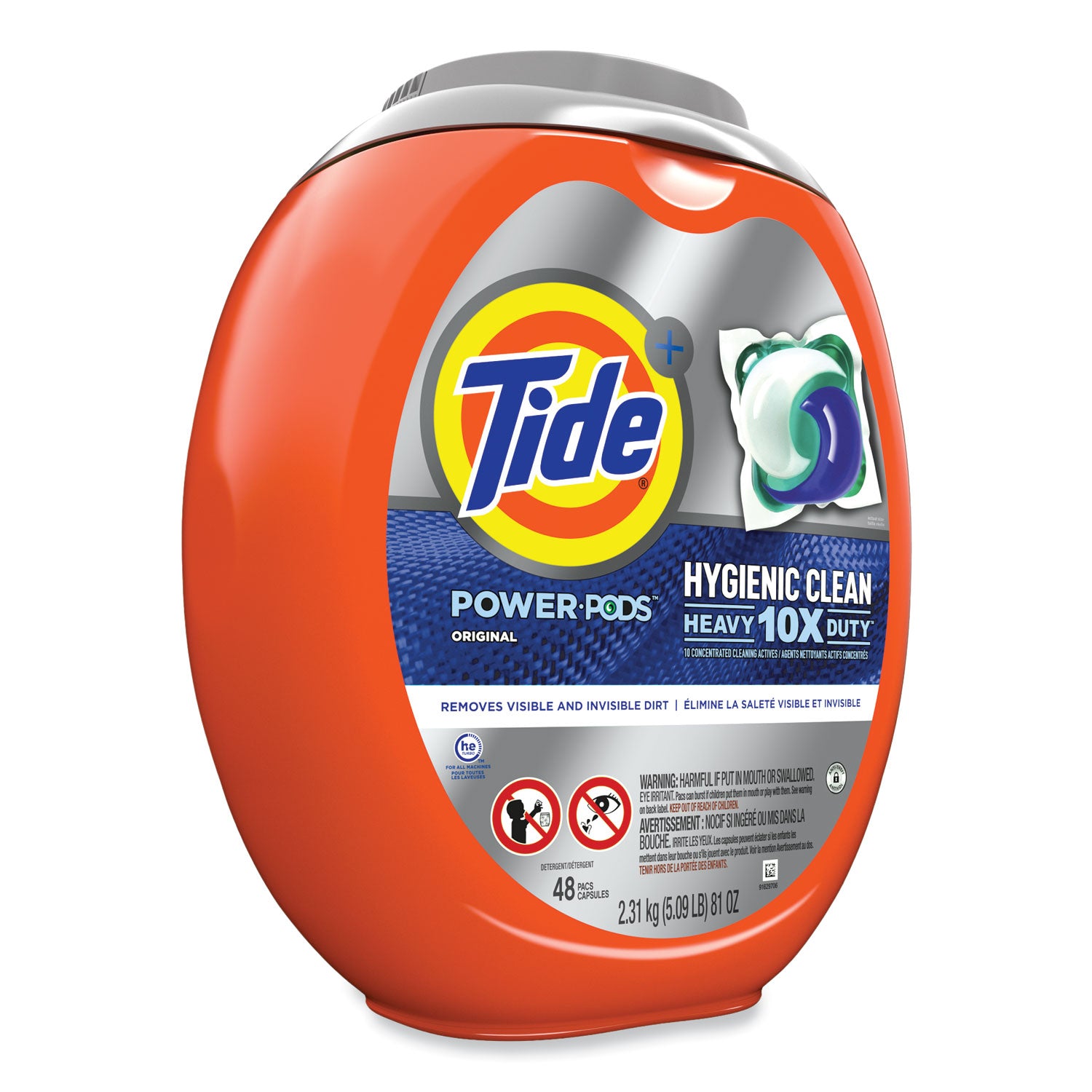 Tide® Hygienic Clean Heavy 10x Duty Power Pods, Original Scent, 81 oz Tub, 48 Pods/Tub, 4 Tubs/Carton