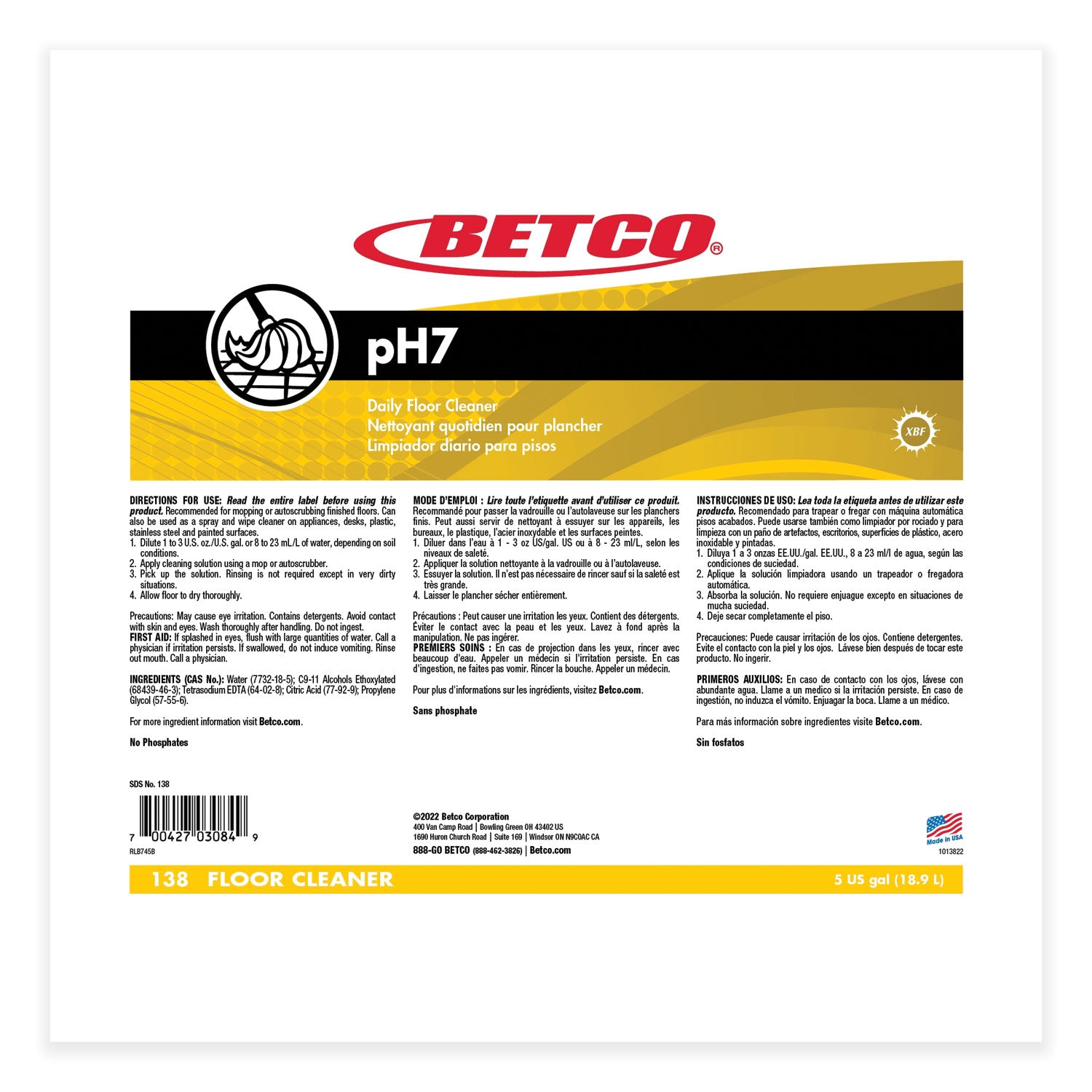 Betco® pH7 Floor Cleaner, Lemon Scent, 5 gal Bag-in-Box